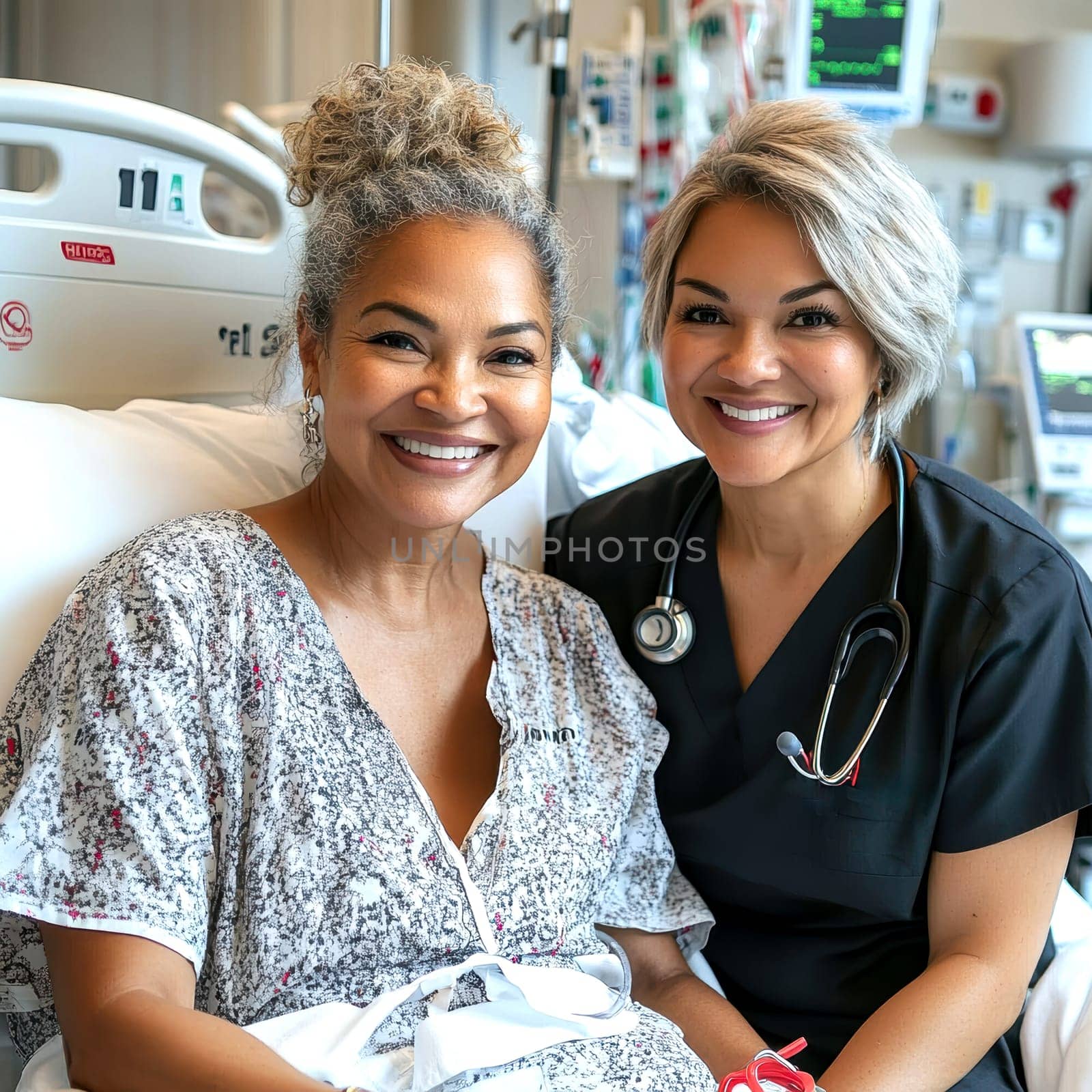 patient in a hospital gown, lying on a modern hospital bed next to a smiling nurse standing. AI generative.
