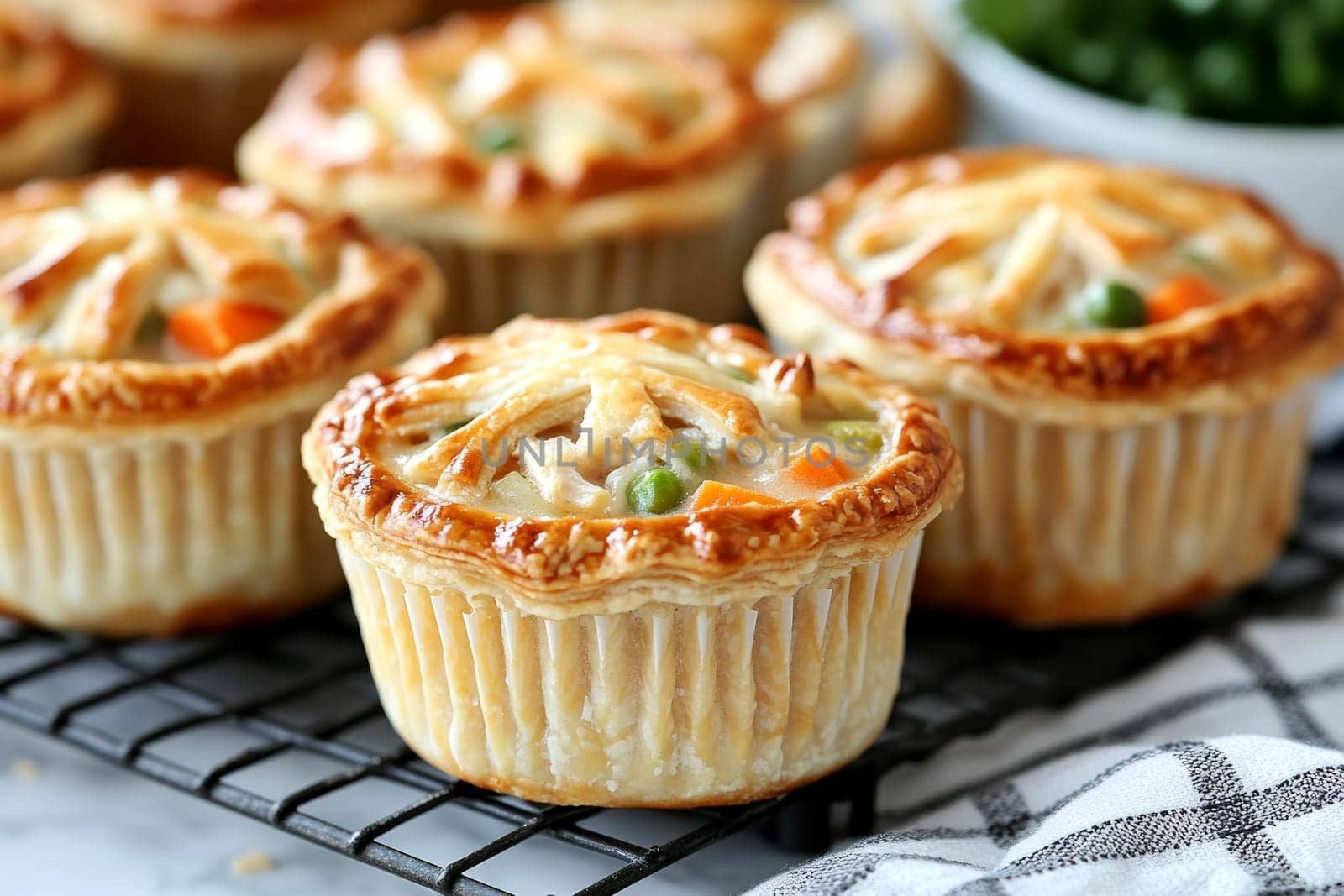 Golden mini chicken pot pie muffins with a flaky crust and creamy filling of chicken. AI generative.