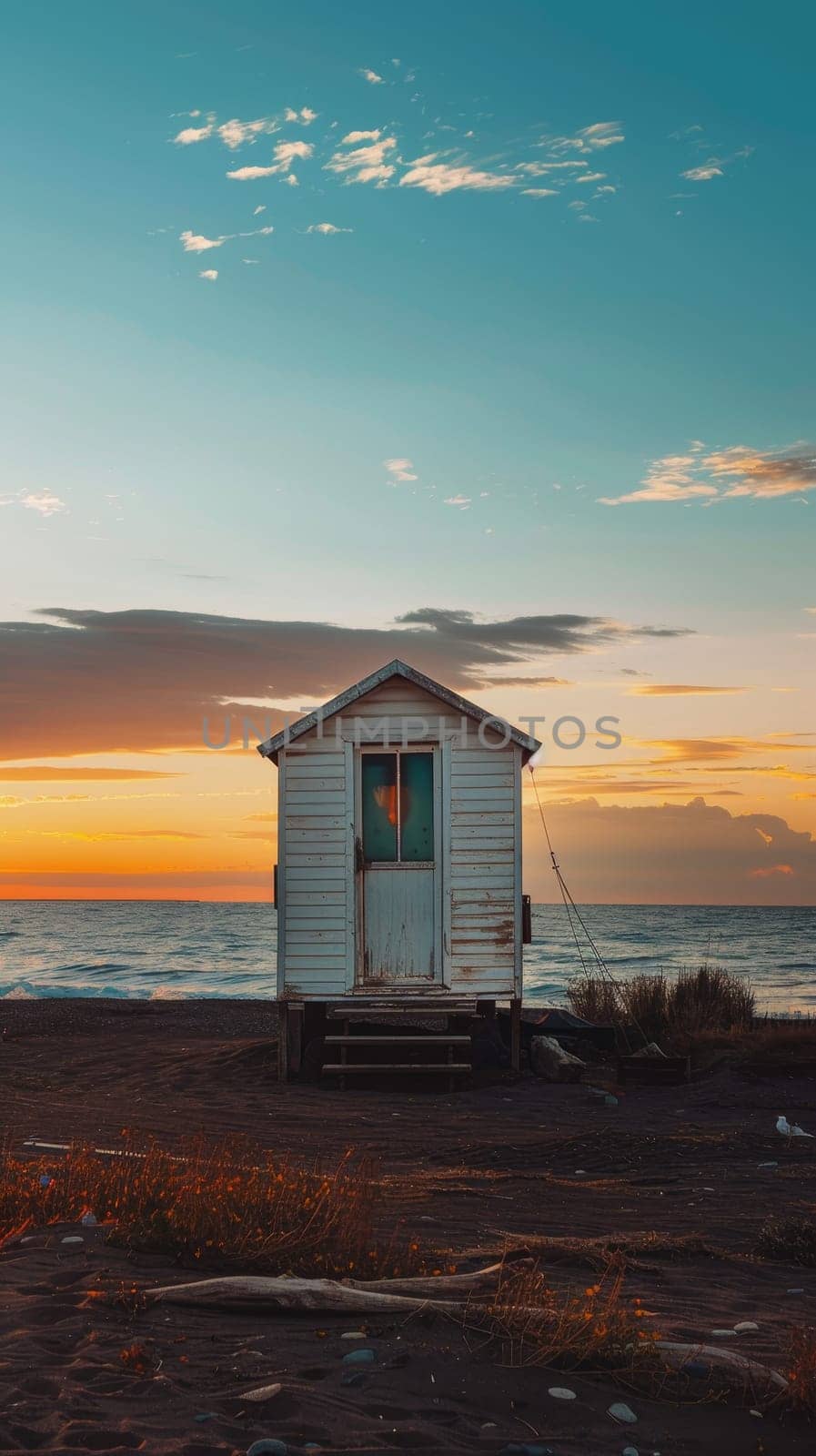 A lone beach house with warm glowing windows stands on a tranquil shore, with the serene ocean and twilight hues in the background