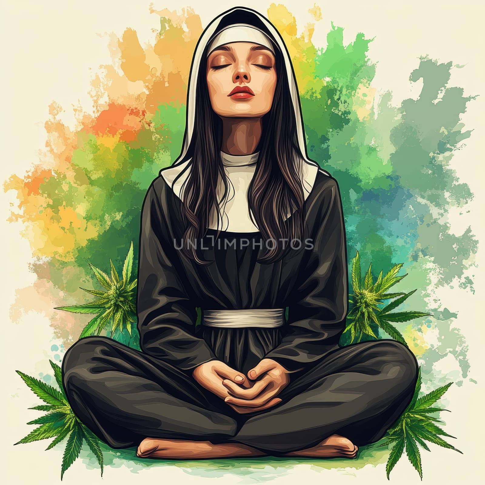 Woman dressed as nun smoking marijuana. AI generative.
