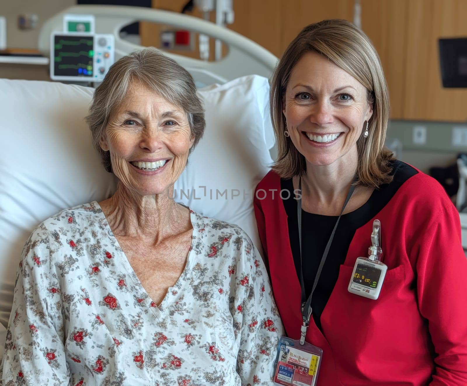 patient in a hospital gown, lying on a modern hospital bed next to a smiling nurse standing. AI generative.
