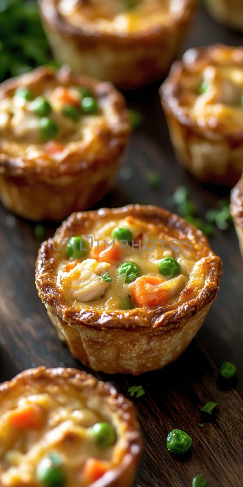 Golden mini chicken pot pie muffins with a flaky crust and creamy filling of chicken. AI generative.