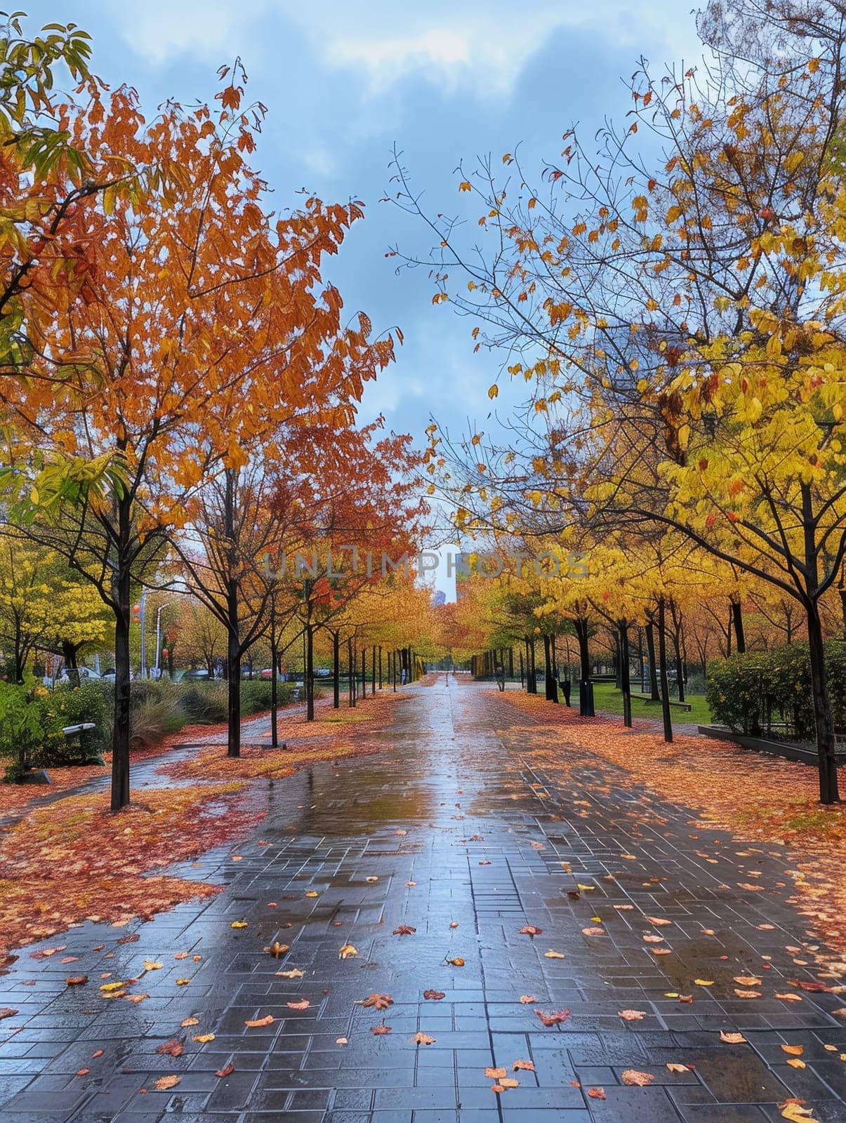 A tranquil park path is flanked by trees with autumnal foliage, their leaves forming a colorful carpet along the serene walkway.