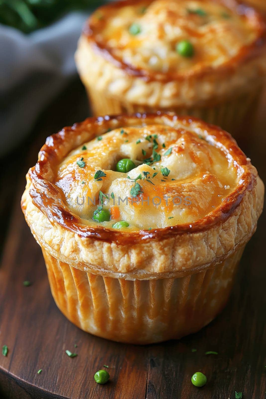 Golden mini chicken pot pie muffins with a flaky crust and creamy filling of chicken. AI generative.