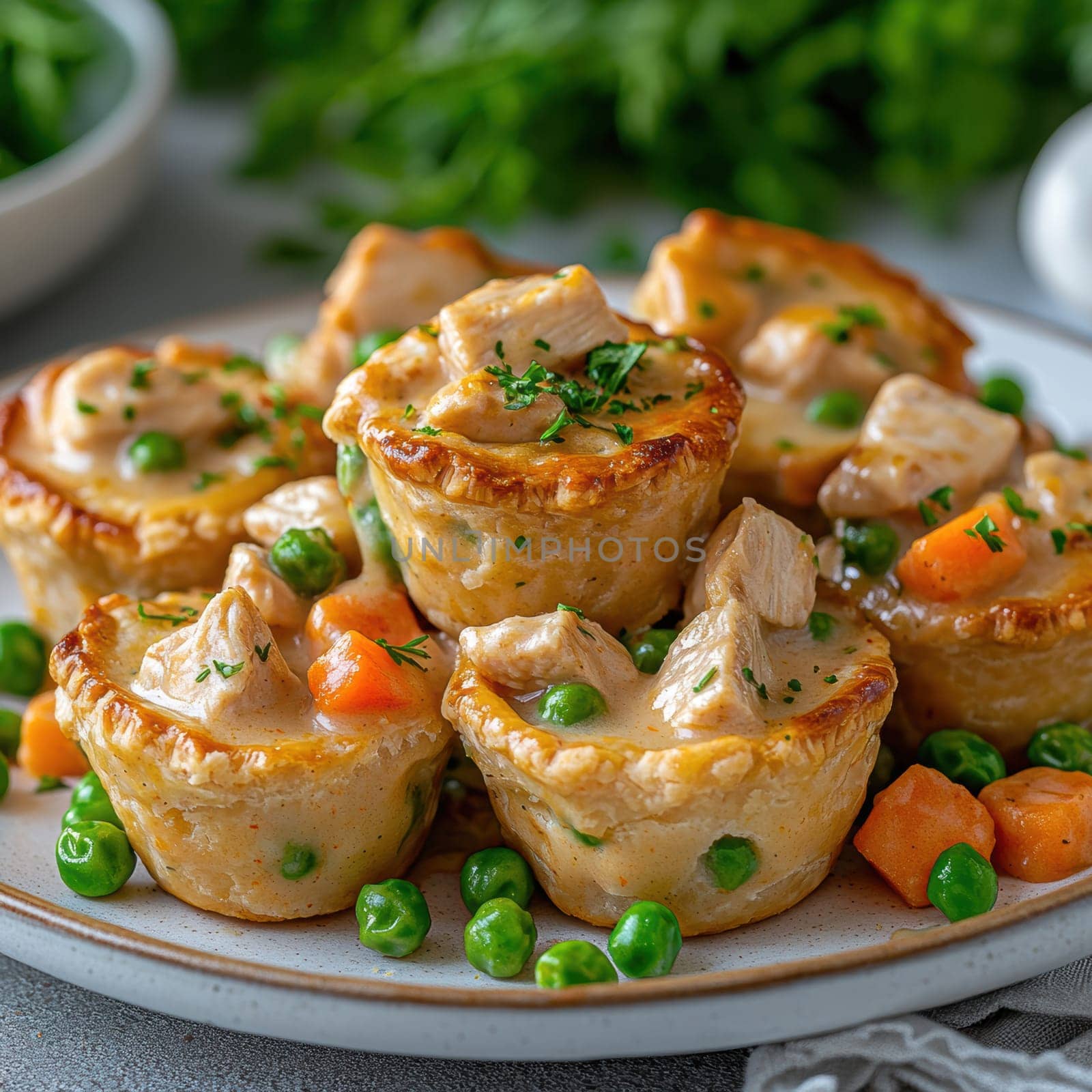 Golden mini chicken pot pie muffins with a flaky crust and creamy filling of chicken. AI generative.