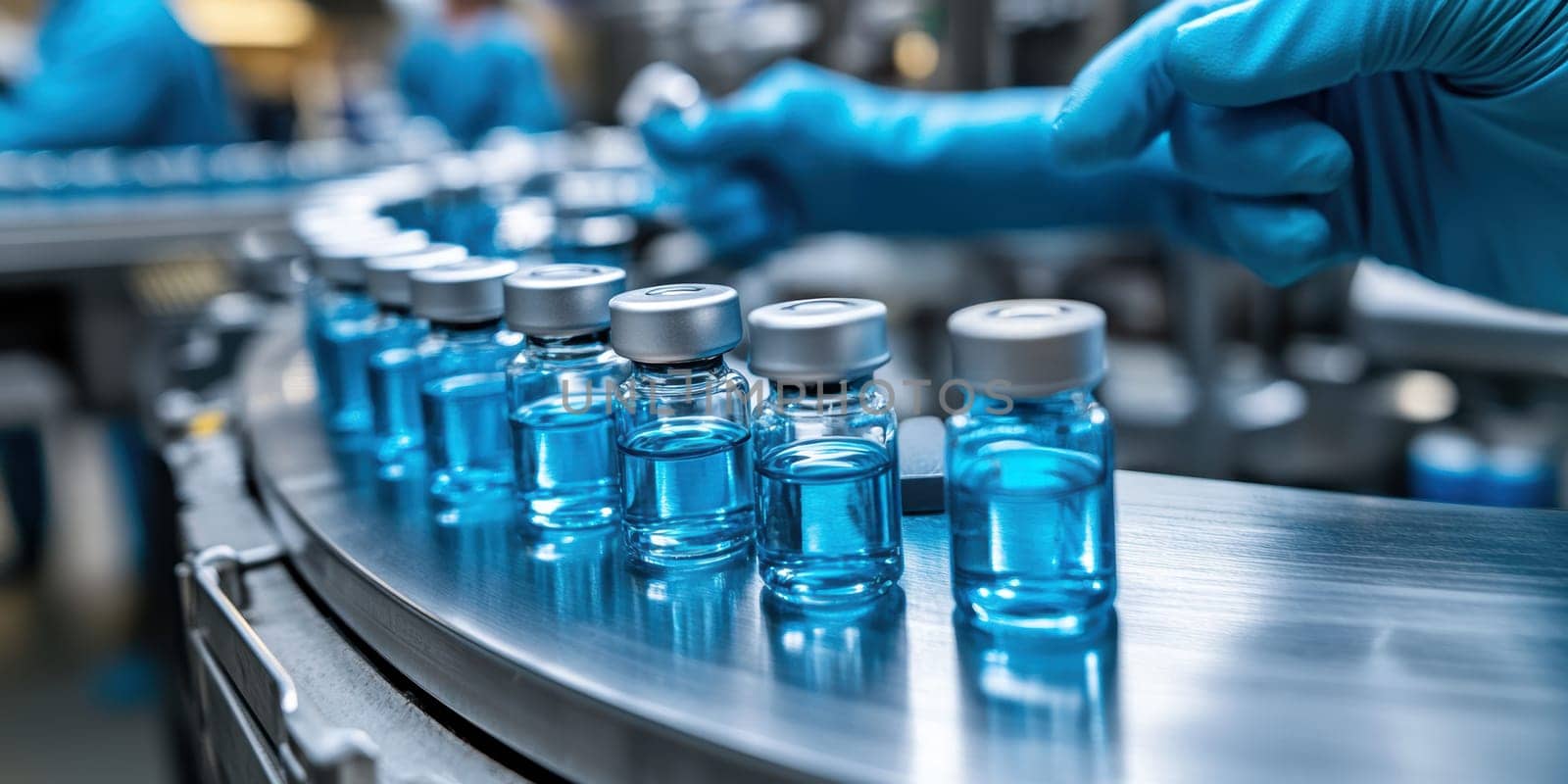 pharmaceutical production line, workers in lab coats and masks . AI generative.