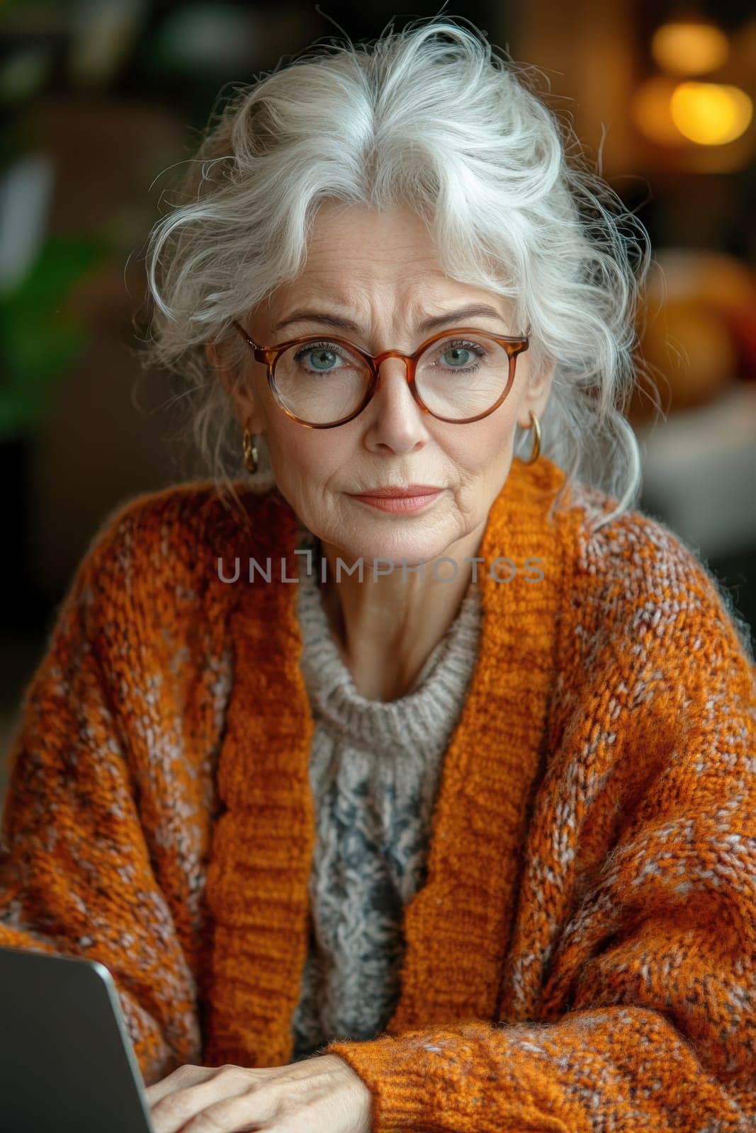 An elderly woman using a laptop computer AI generative.