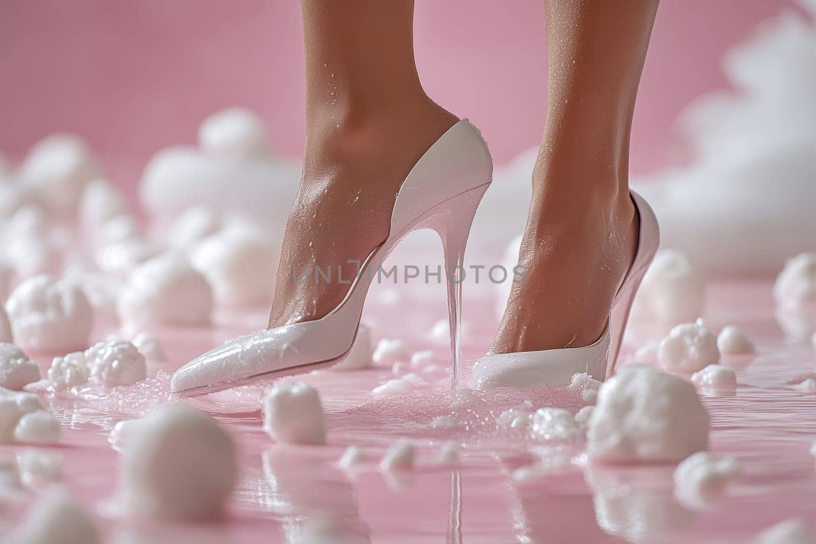 long female legs on a colorful background with high heels. AI generative.
