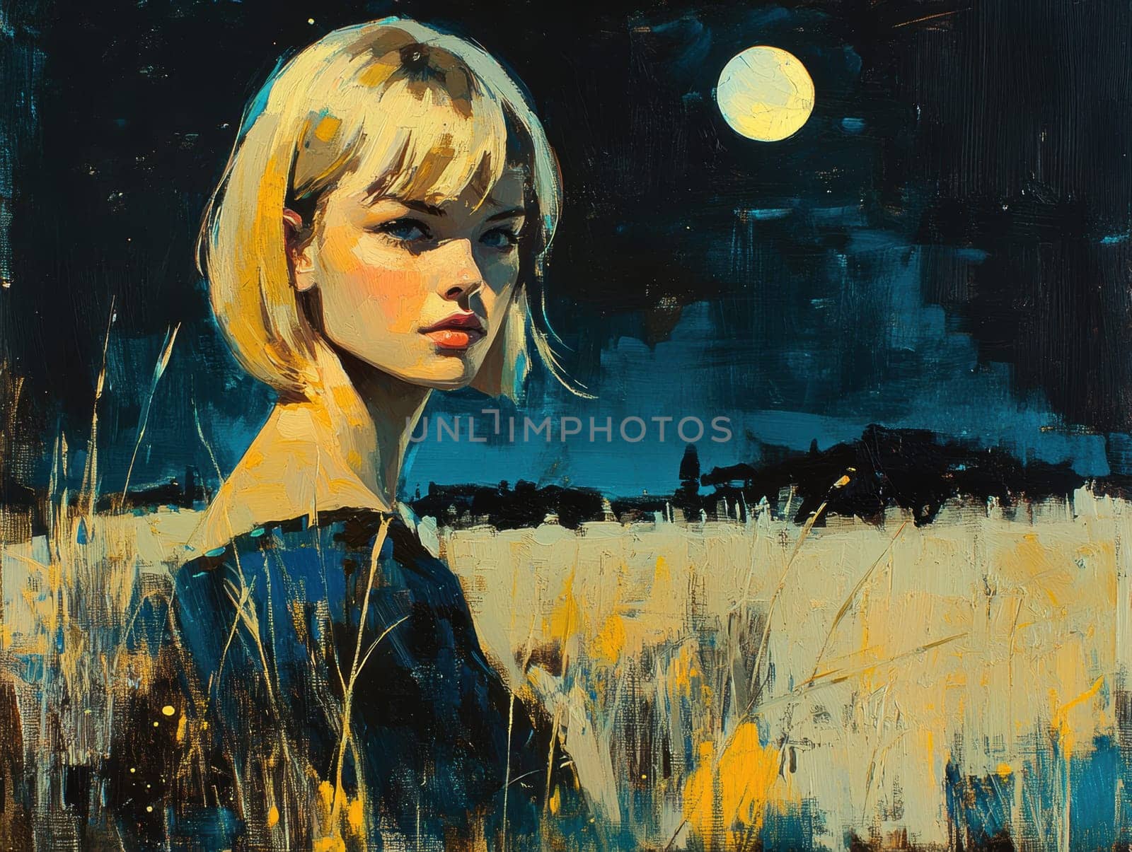 Paint oil colors eye-catching hyper-detailed realism fantastic retro-futuristic portrait of straight short cut and bangs magenta hair slight sulky young albino woman 70's glamorous clothing on background dressed, portrait of famous people Dakota Fanning, the woman is standing in the middle of a striped black and electric cobalt grass field michael sewa edward hopper style, fuchsia moon, ufo disk flying in the starry black night sky, Bo Bartlett, Tom Bagshaw --chaos 30 --ar 4:3 --style raw --stylize 300 --v 6.1 Job ID: 495d0440-a865-4ebe-b619-d3c7b6ea0c24