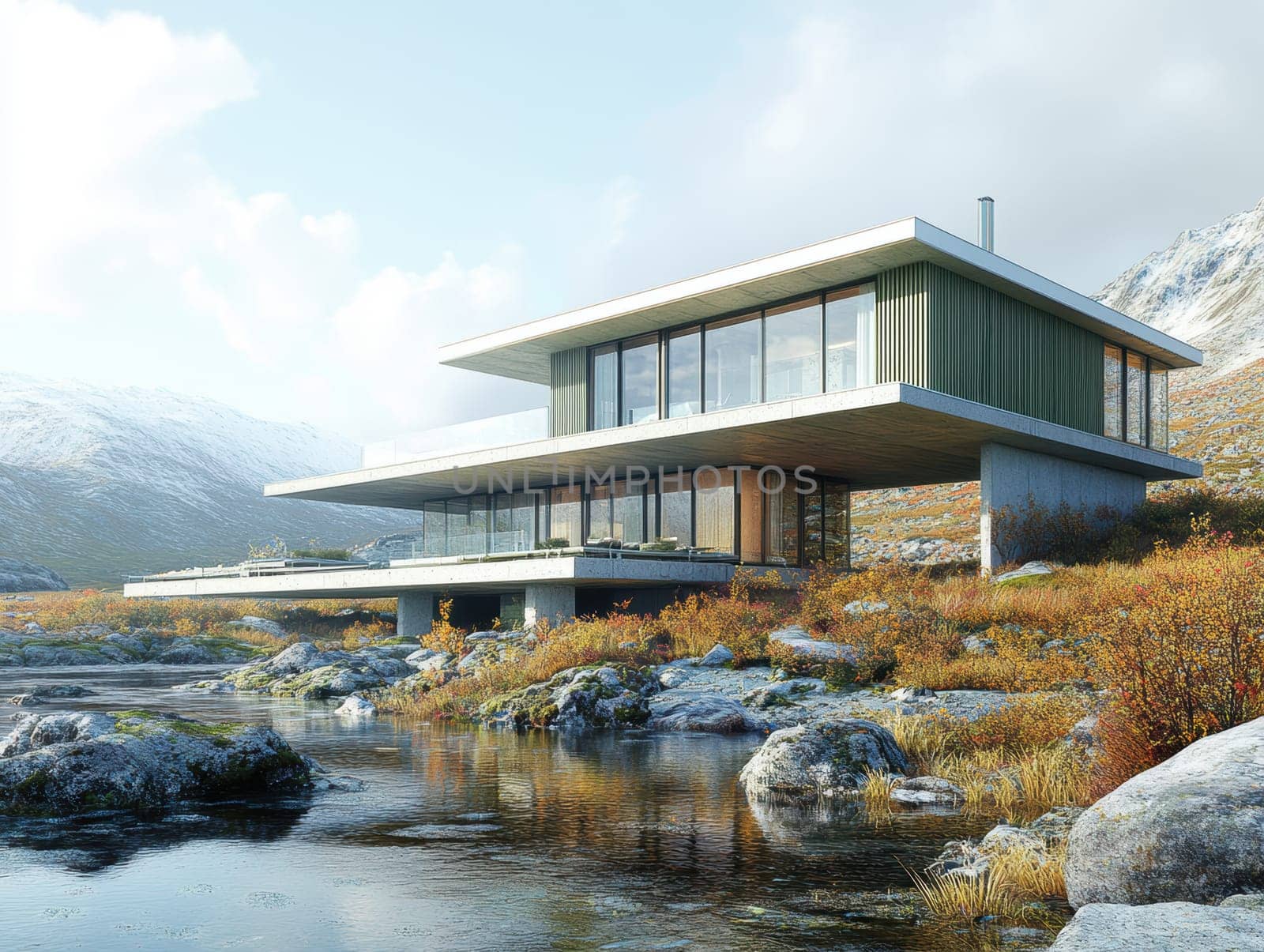 modern gabled house and landscape of the far north. AI generative.