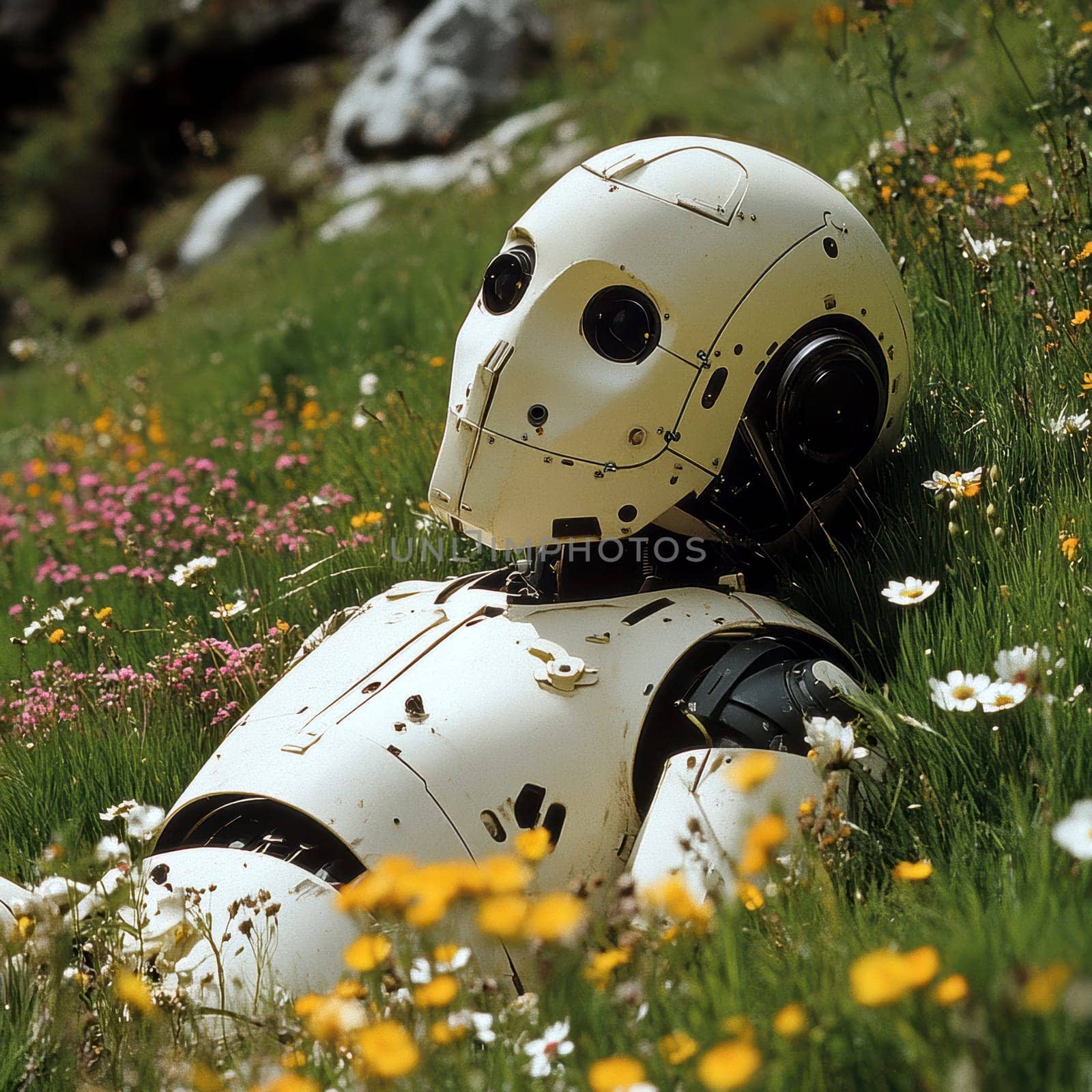 a robot, the robot lies on a green meadow with flowers. AI generative.