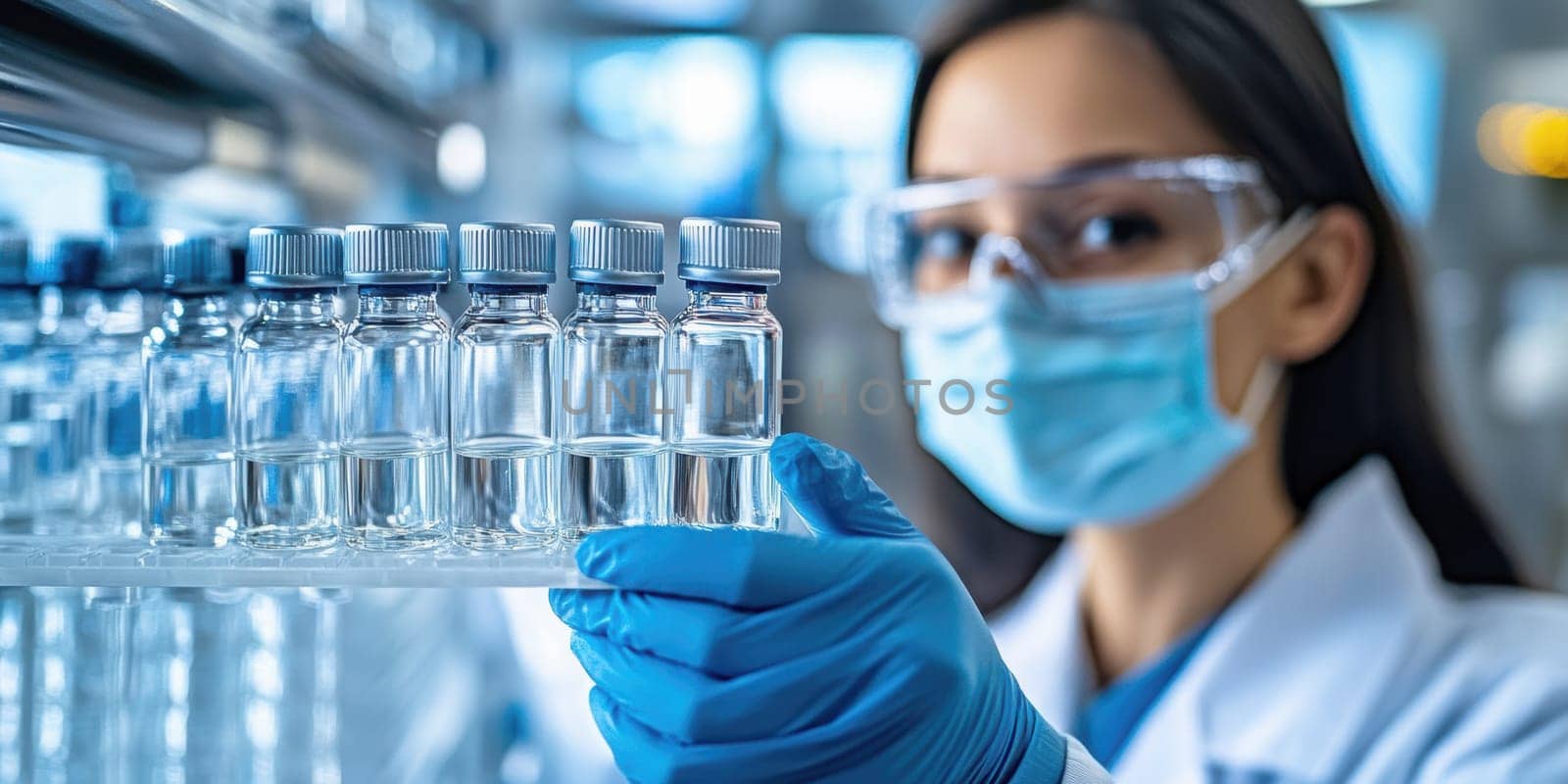 pharmaceutical production line, workers in lab coats and masks . AI generative.