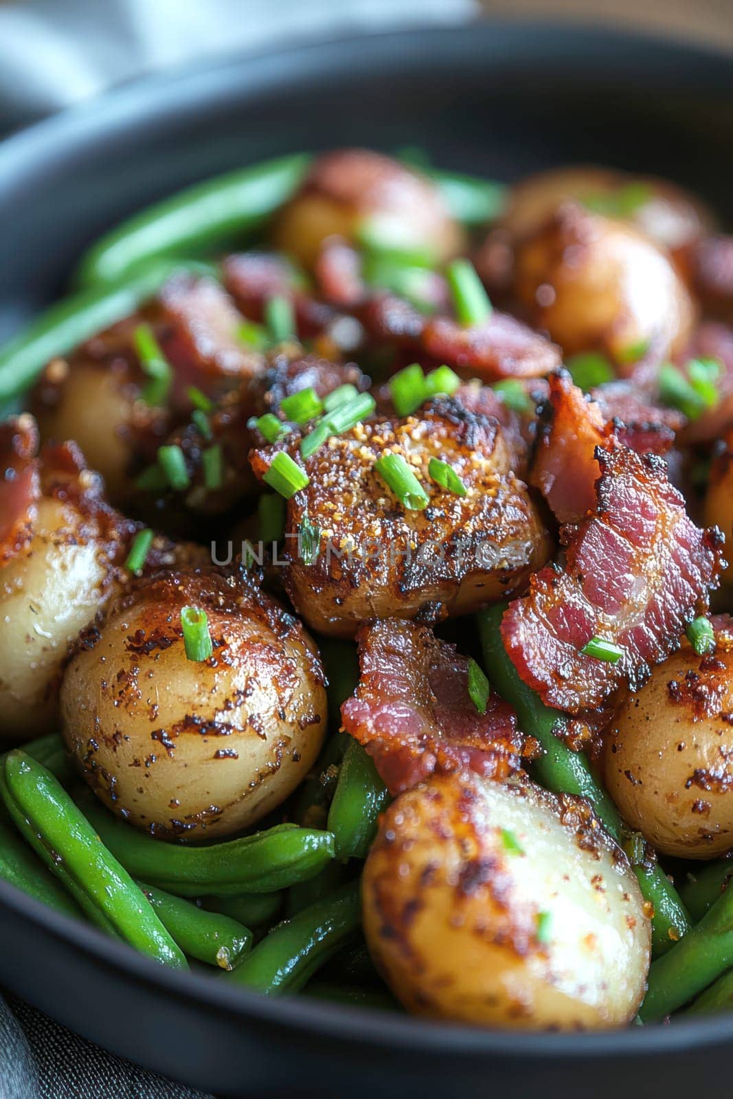 Rustic country-style dish with roasted new potatoes in a plate, tender green beans and crispy bacon bits. AI generative.