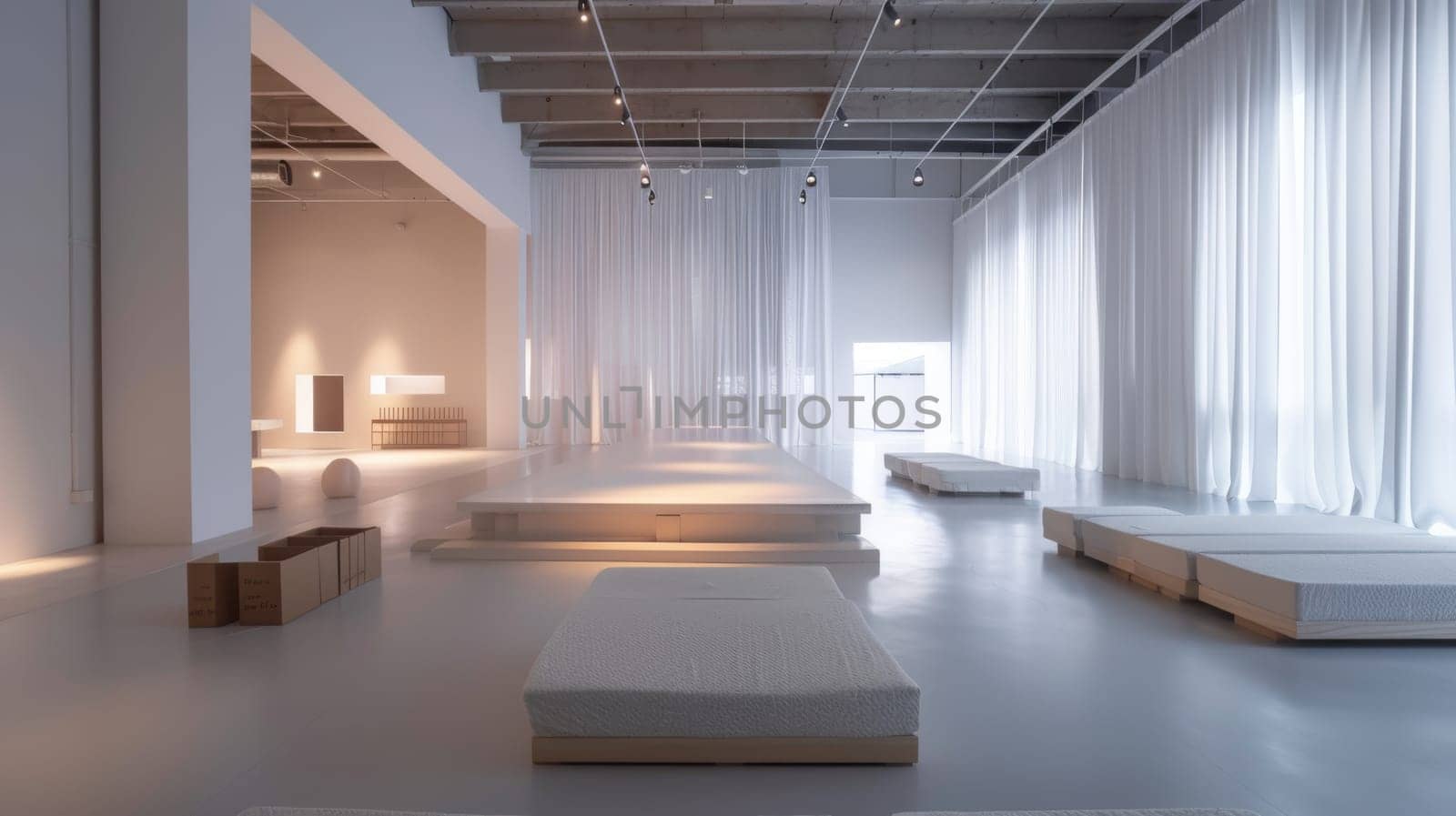 Minimalist party venue with clean lines and minimalist furniture