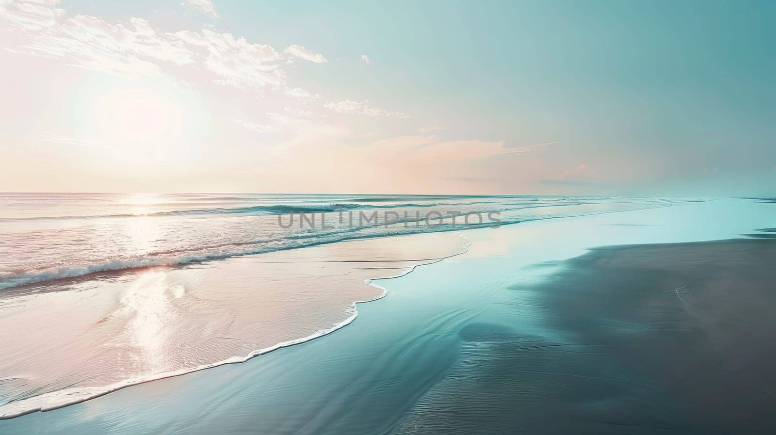 The ocean is calm and the sky is blue. The sun is setting and the water is reflecting the light