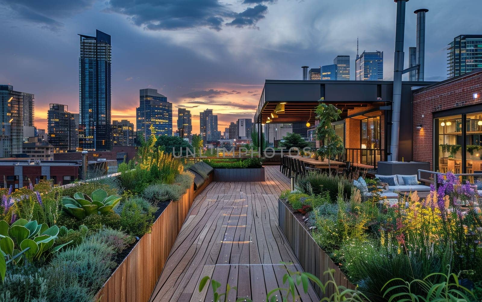 A rooftop garden provides a lush escape amidst the urban landscape at twilight, with a vibrant city skyline rising in the background