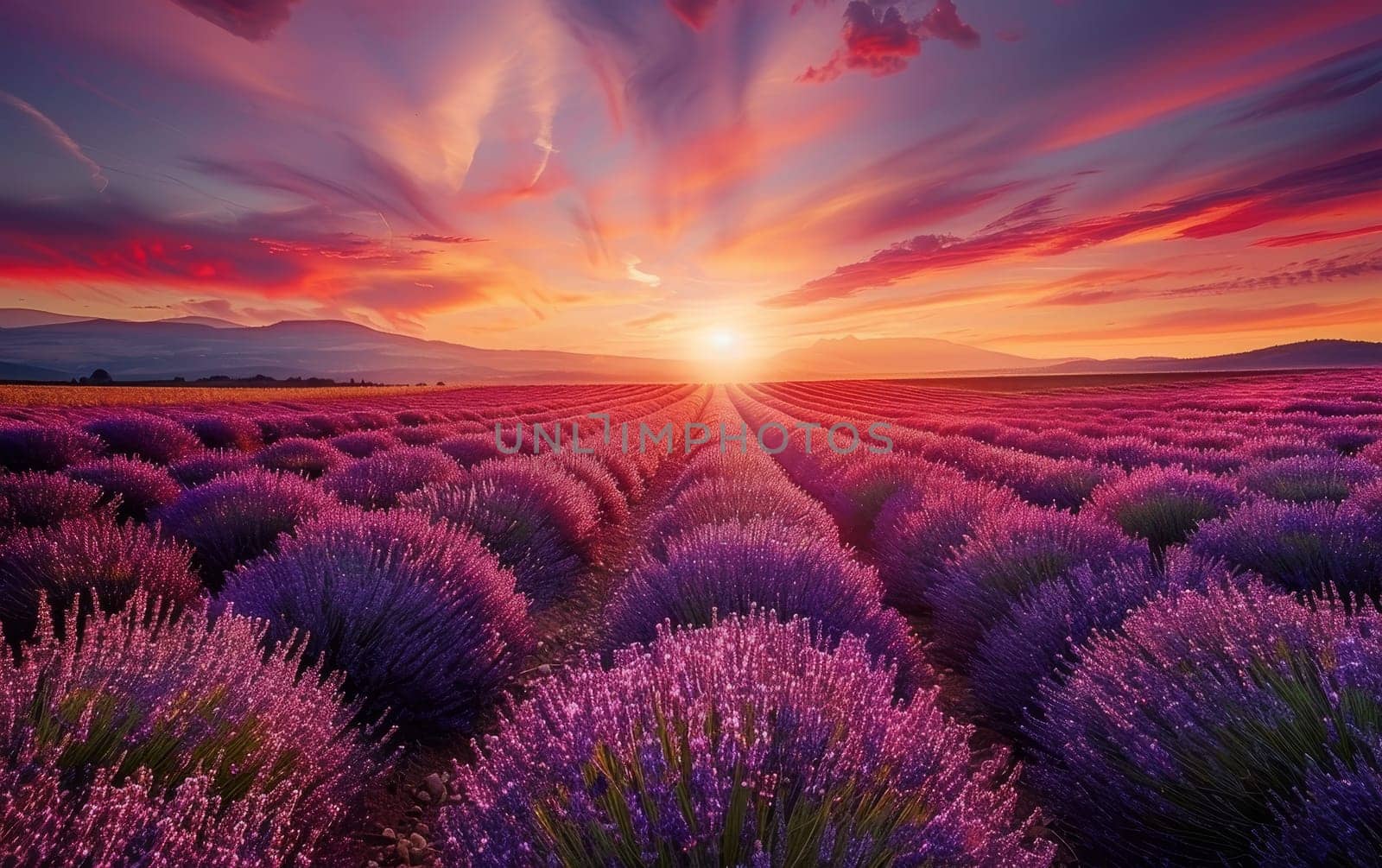 A breathtaking sunset casting a warm glow over vibrant lavender fields, creating a stunning tapestry of colors in the countryside