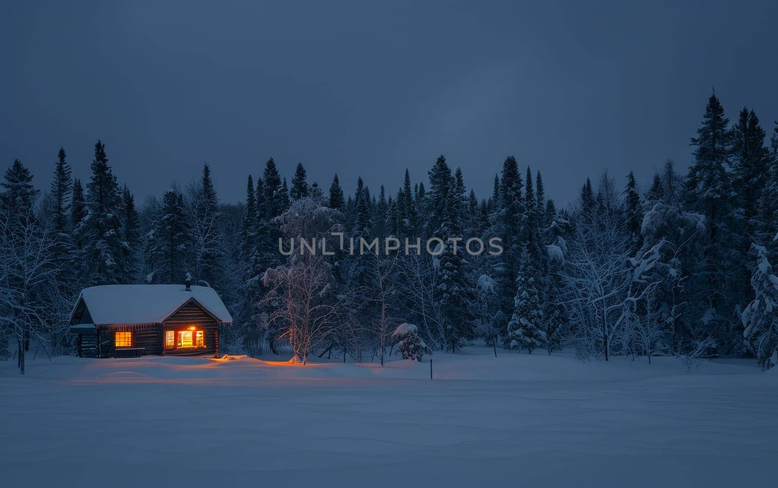 Under the early night sky, a secluded wooden cabin illuminates the pristine snow, with surrounding pine trees standing guard in the silent forest