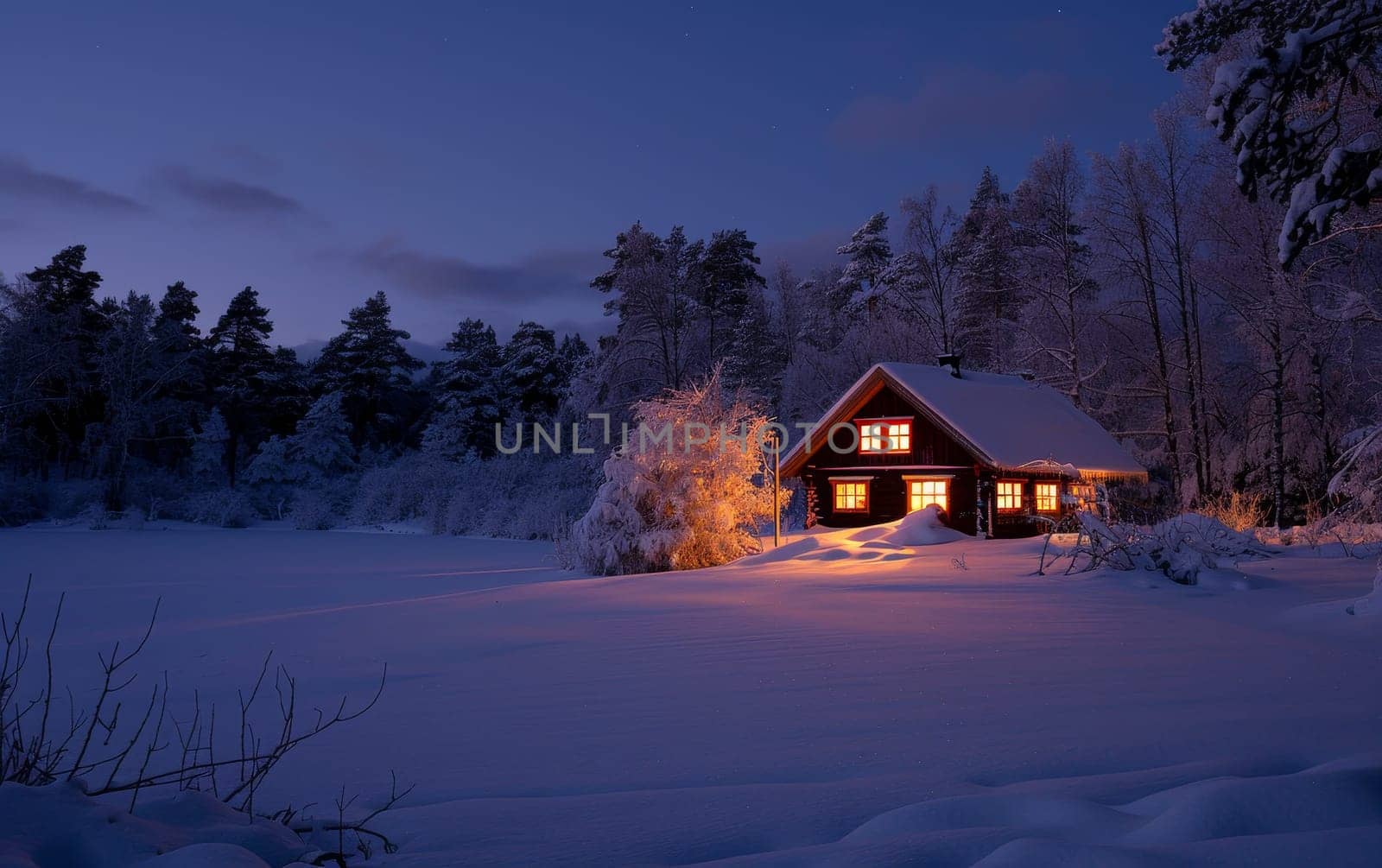 Under the early night sky, a secluded wooden cabin illuminates the pristine snow, with surrounding pine trees standing guard in the silent forest