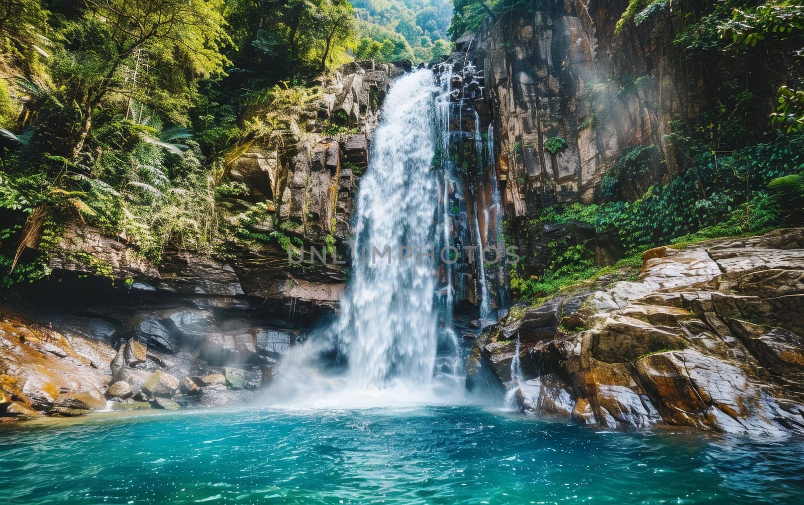 Sunlight filters through the canopy to illuminate a natural waterfall and its rocky pool below, offering a serene retreat in the wilderness