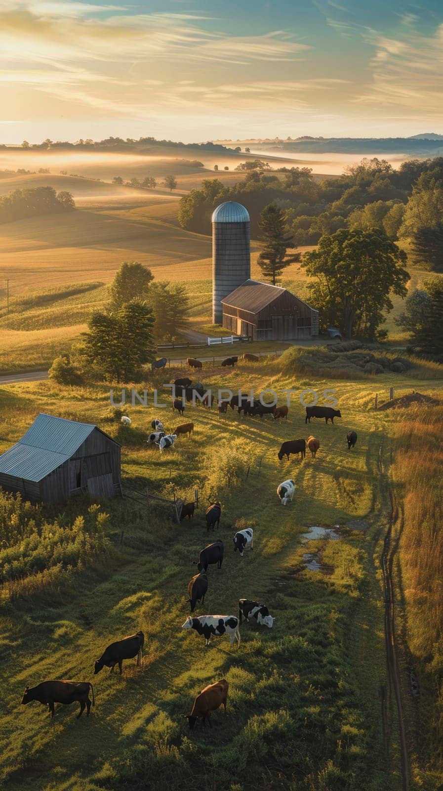 Early morning light reveals a pastoral farm scene, enveloped in mist with cows grazing in the foreground