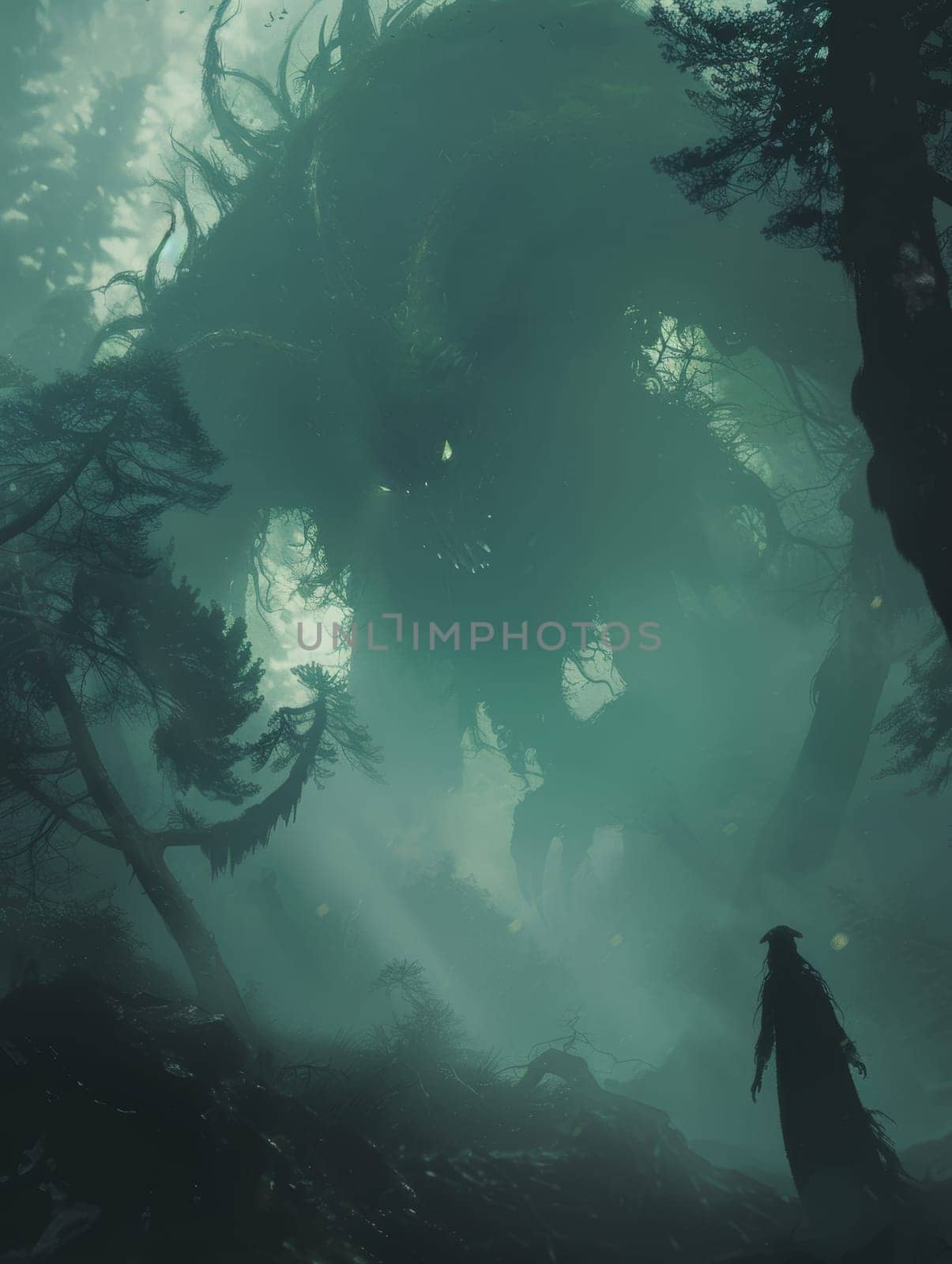An enigmatic sorcerer looks up at a towering forest giant in a verdant, mist-shrouded landscape, a moment frozen between awe and uncertainty