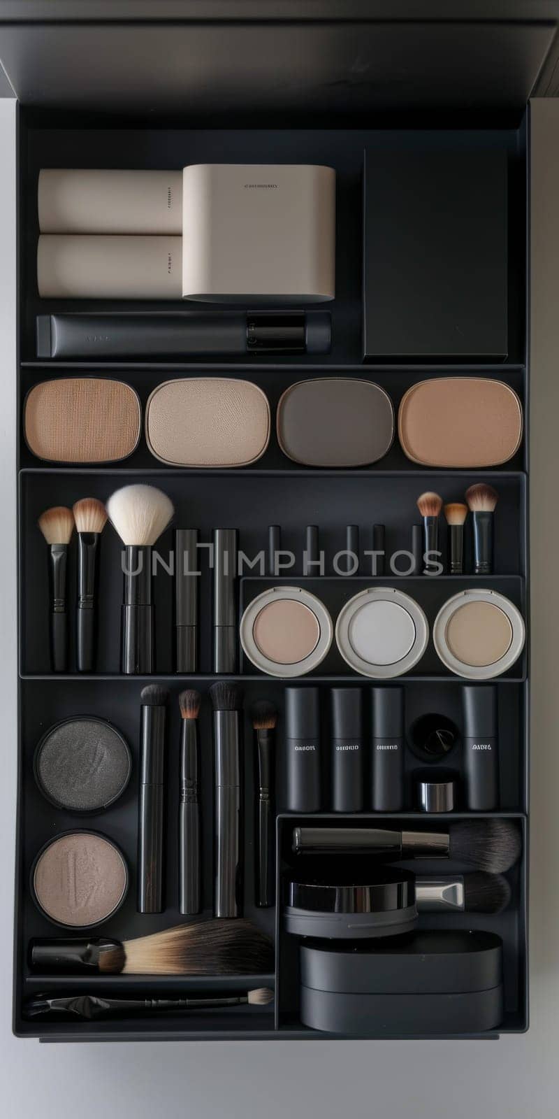 Minimalistic approach to makeup organization, emphasizing simplicity and functionality.