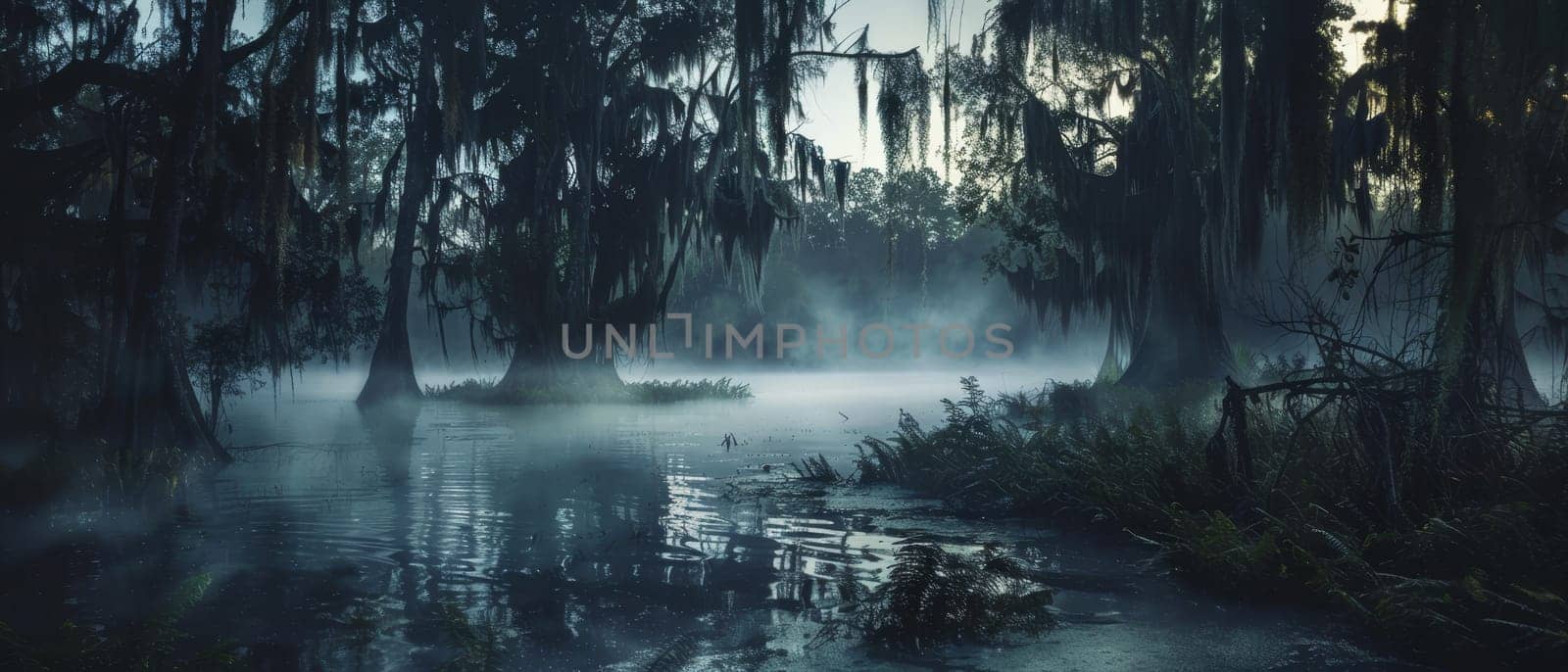 Mysterious foggy swamp with ancient trees, their branches hanging low, reflecting in the calm water under the eerie light