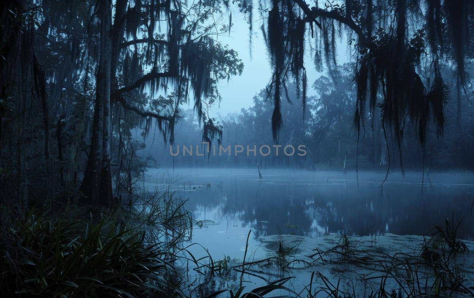 Foggy swamp landscape with cypress trees draped in Spanish moss