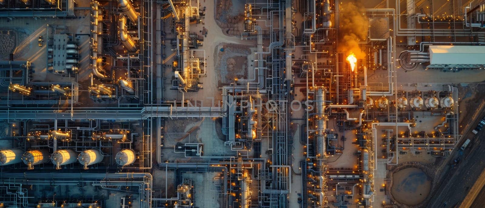 Aerial view capturing the complex network of lights and structures in a sprawling industrial facility at dusk