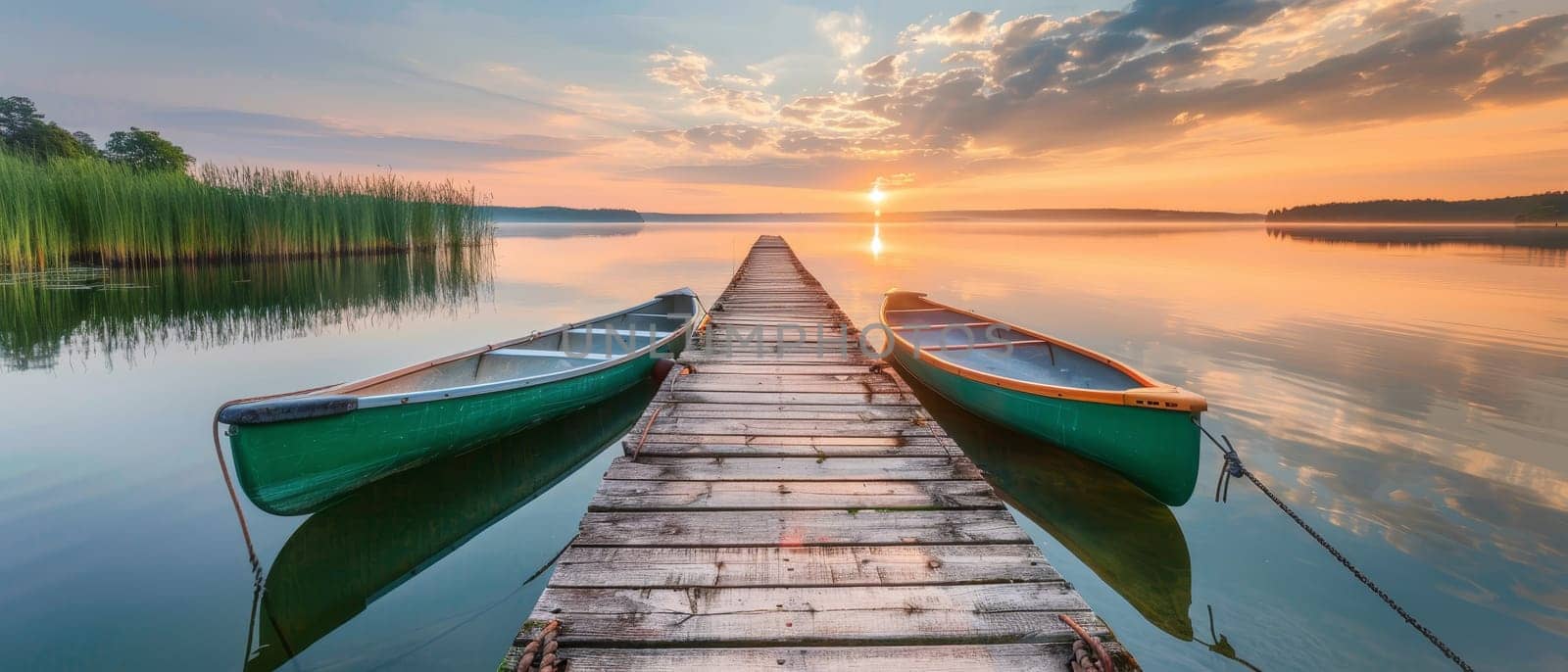 A serene sunrise reflects on a calm lake with two canoes docked on a wooden pier, inviting a peaceful morning paddle in the embrace of nature