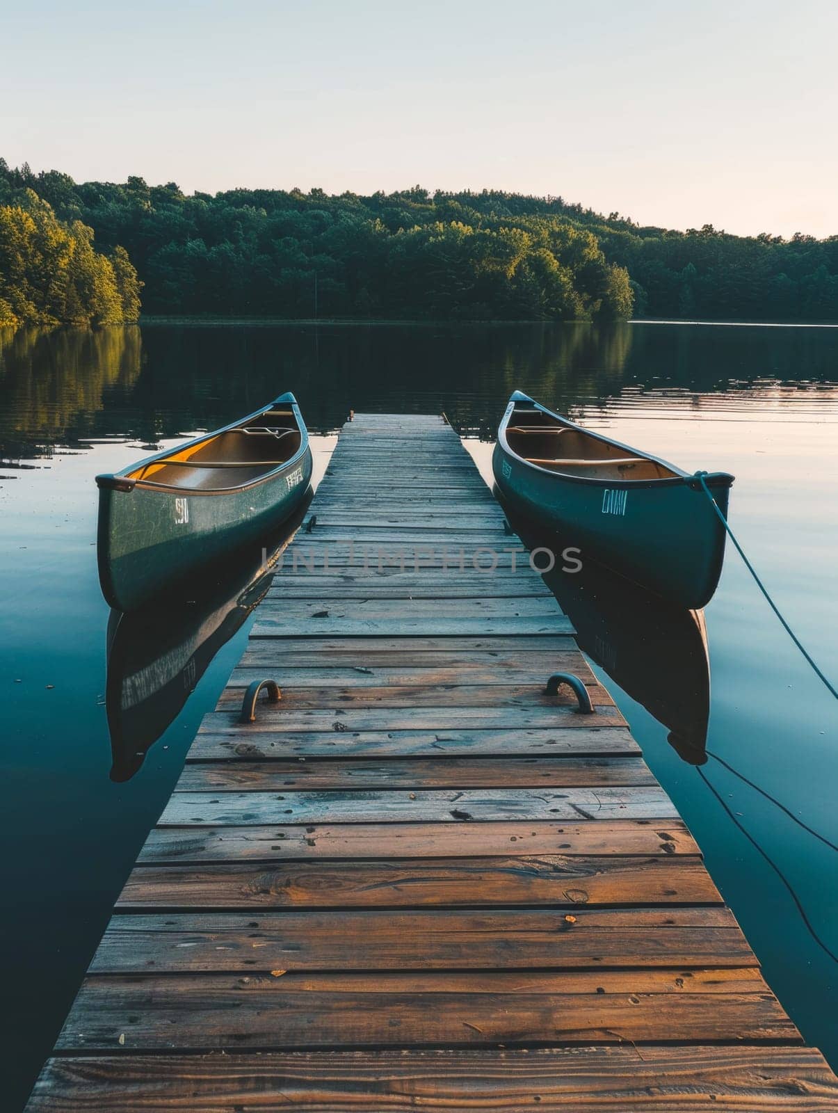 The first light of dawn illuminates a pair of canoes on a tranquil lake, mirroring the beauty of a serene morning on a wooden pier