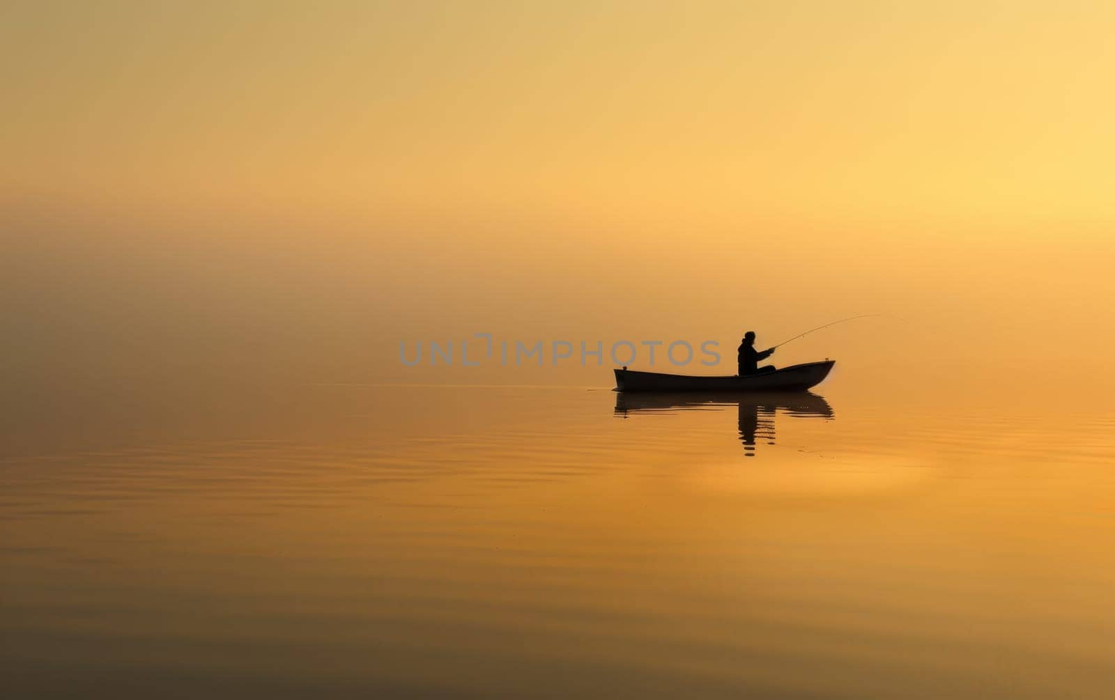 A serene scene of a person fishing from a boat during a golden sunset, casting reflections on the calm water