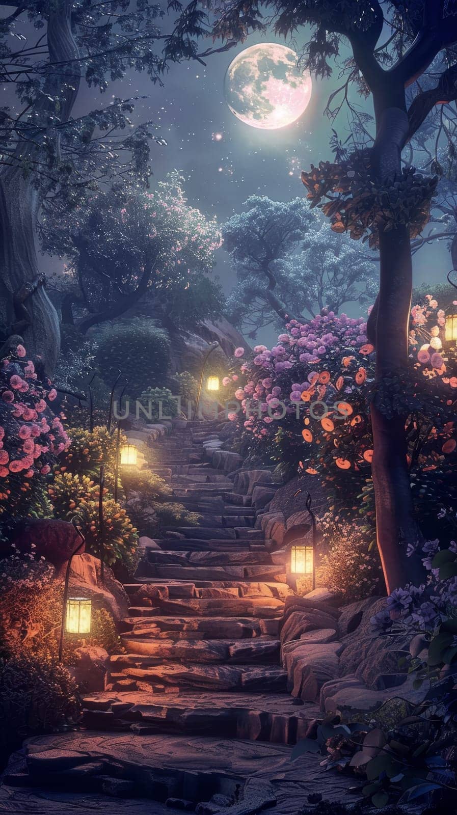 The moon's glow bathes a blooming staircase in light, with hanging lanterns and a tapestry of flowers under a starry night sky