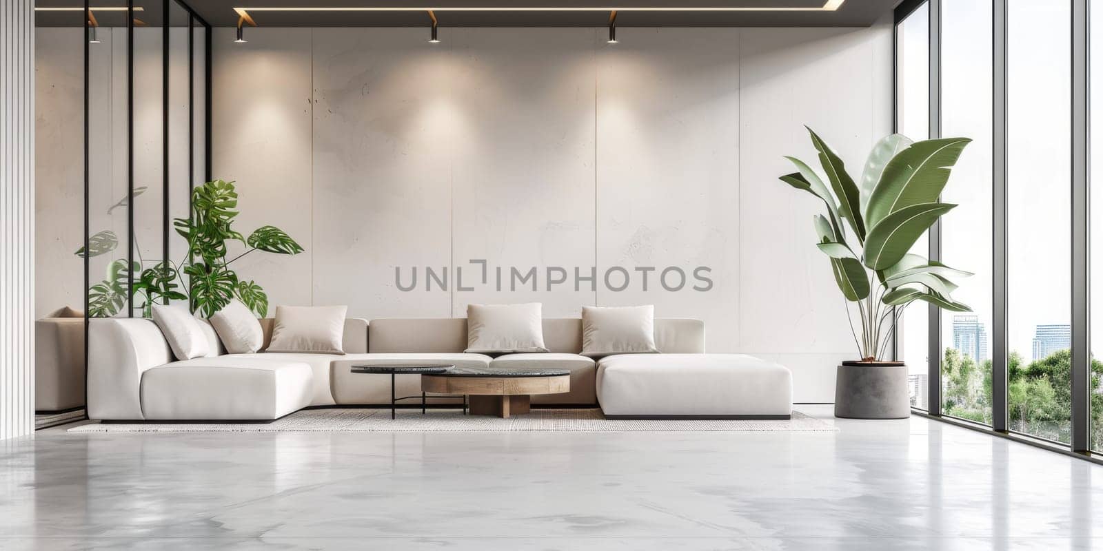 A large white couch is in the middle of a room with a potted plant and a coffee table. The room is very clean and spacious, giving off a modern and minimalist vibe