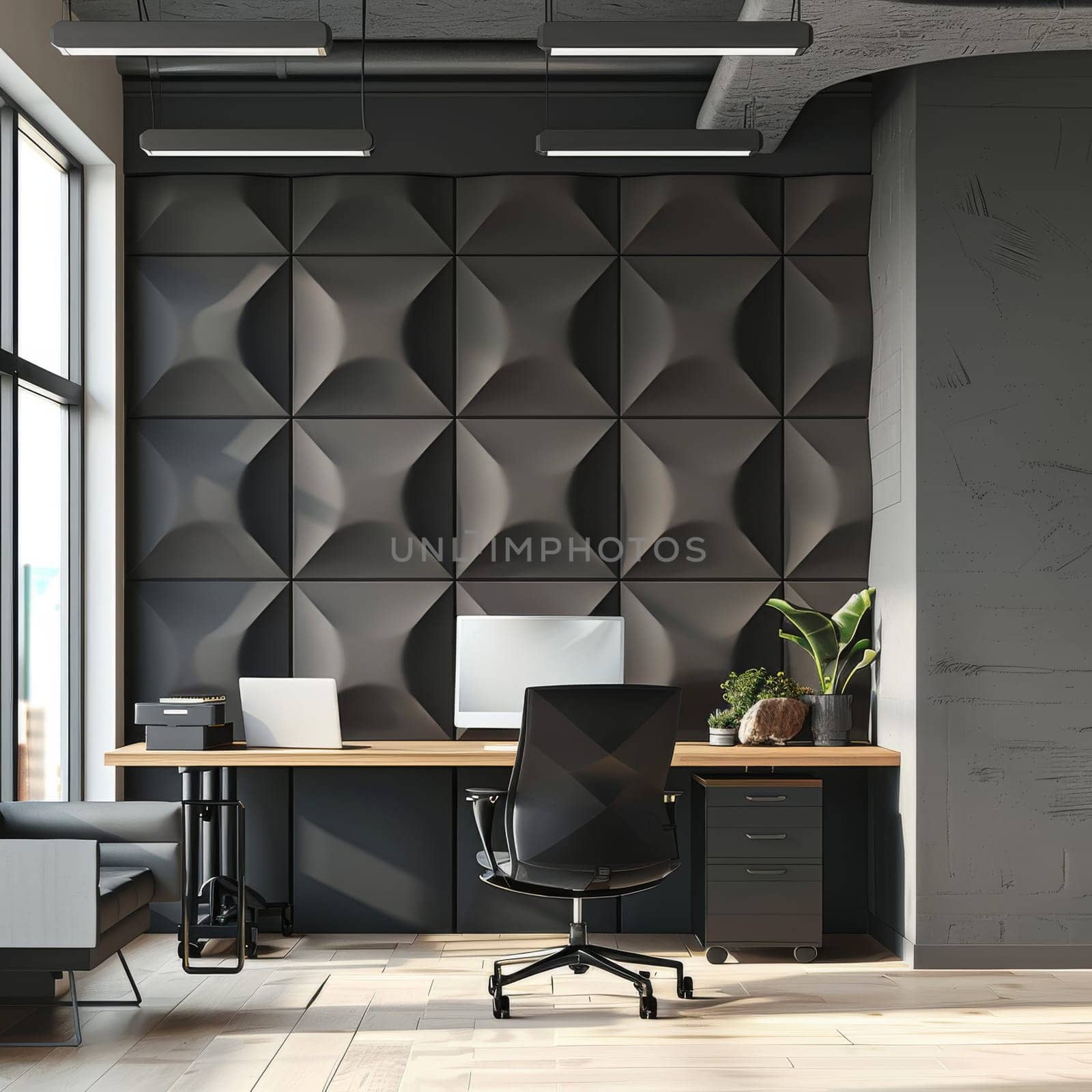 Modern office environment featuring a geometric layout pattern.