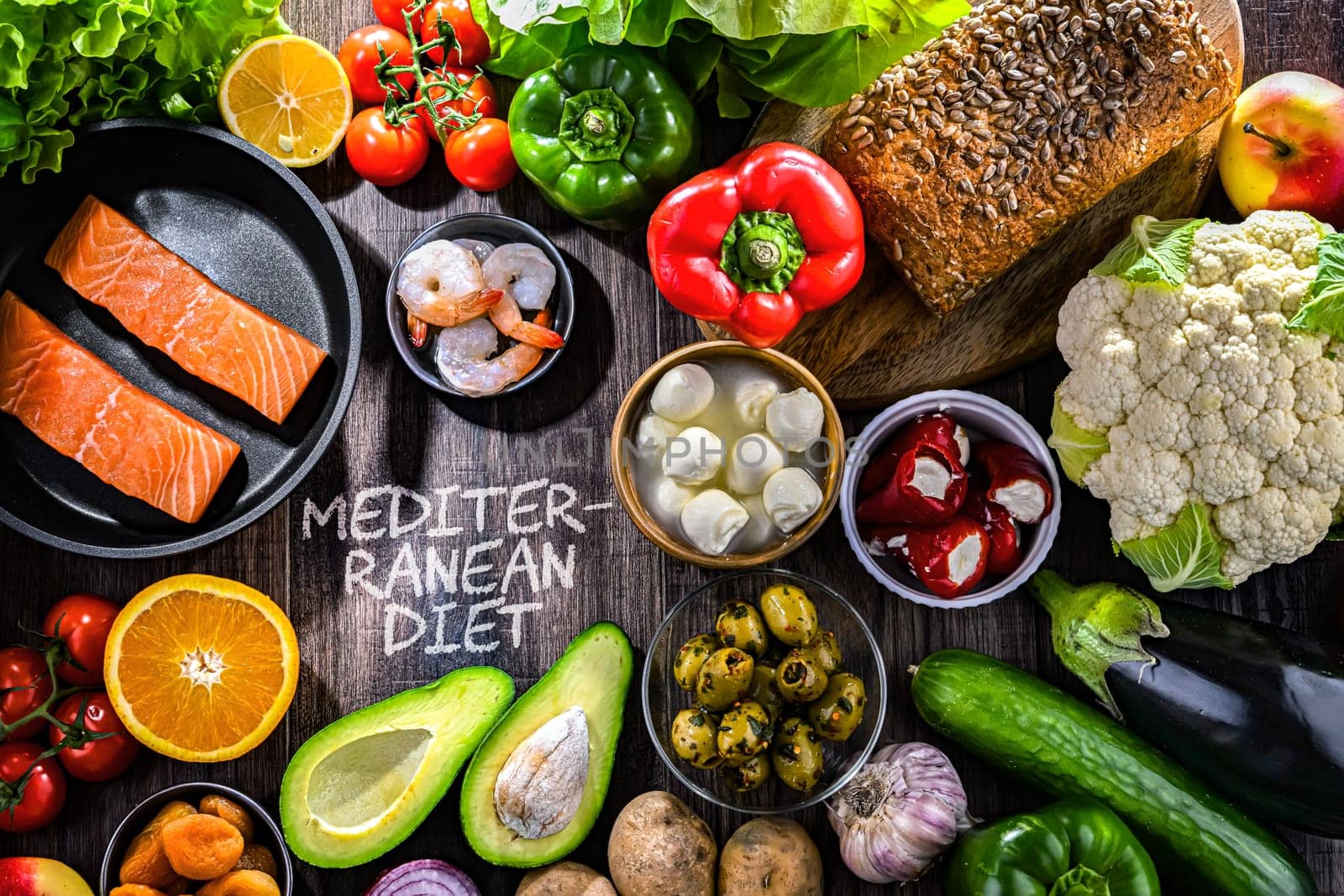 Food products representing the Mediterranean diet.