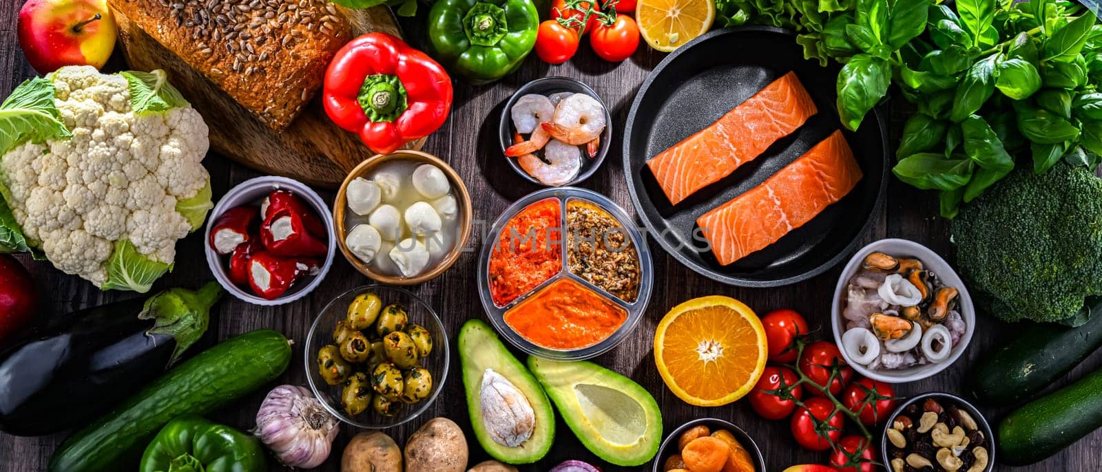 Food products representing the Mediterranean diet.