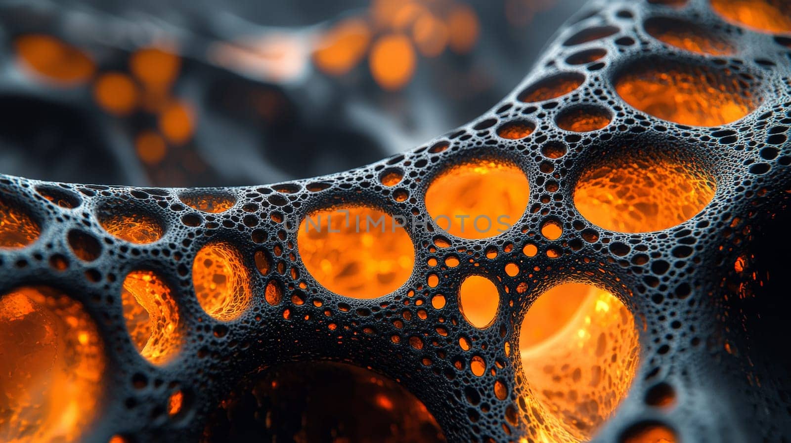 A high-resolution 3D rendering displaying an abstract biogenic structure in vibrant orange and deep black tones. This hyper-detailed, high-contrast image brings together organic forms with a futuristic aesthetic, creating a visually striking and intricate composition.