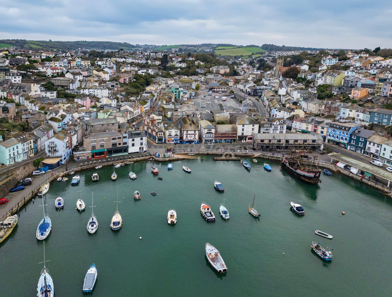 Aerial view of Brixham Harbor on the south coast of Devon in the southwest of England.