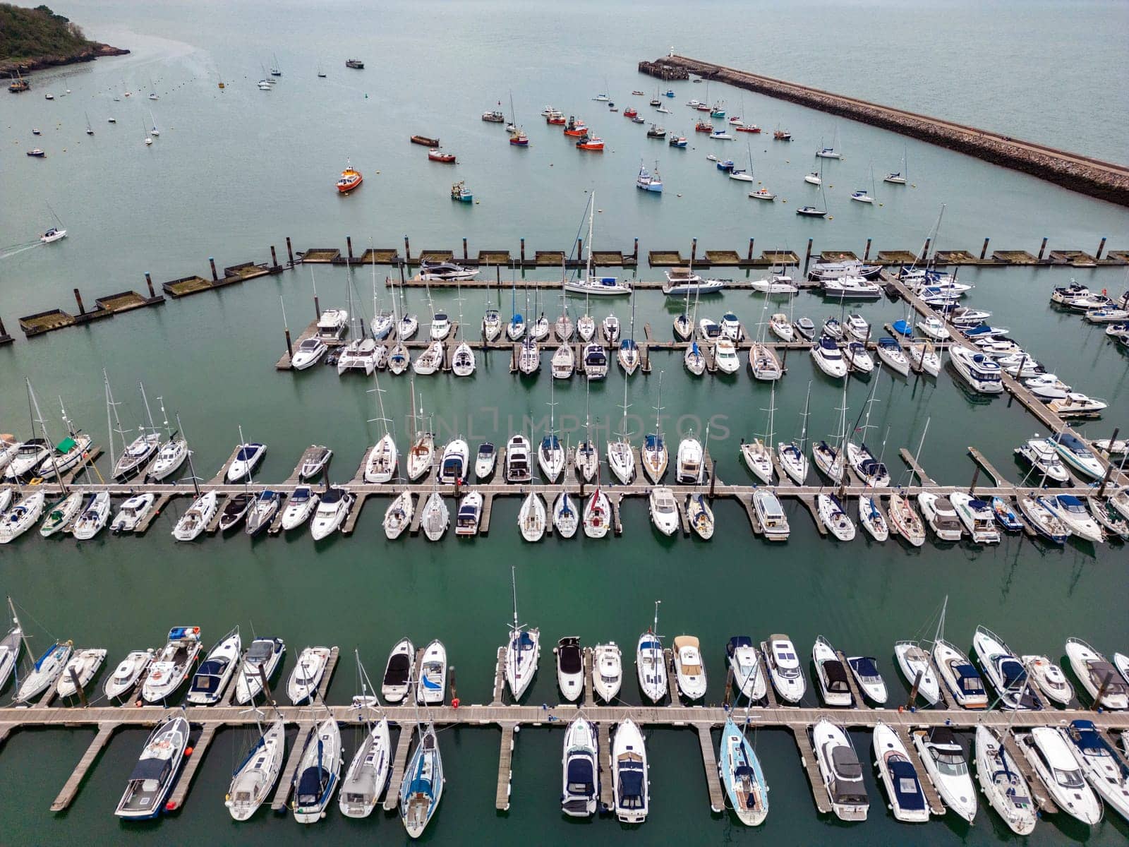 Aerial view of the marina at Brixham on the south coast of Devon in the southwest of England.