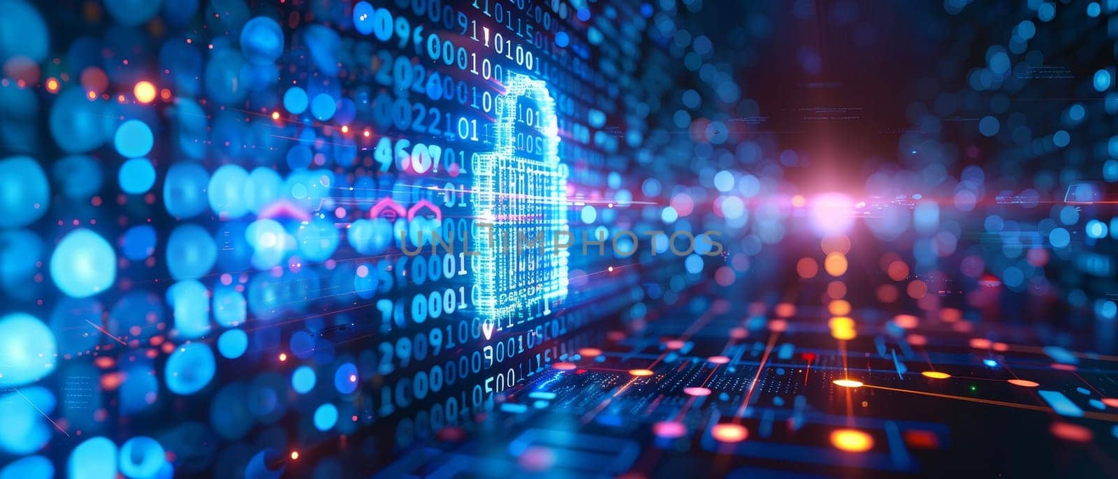 A highly detailed image displaying a concept of digital security, featuring a padlock icon on a screen with glowing circuit patterns and nodes, symbolizing data protection and cybersecurity