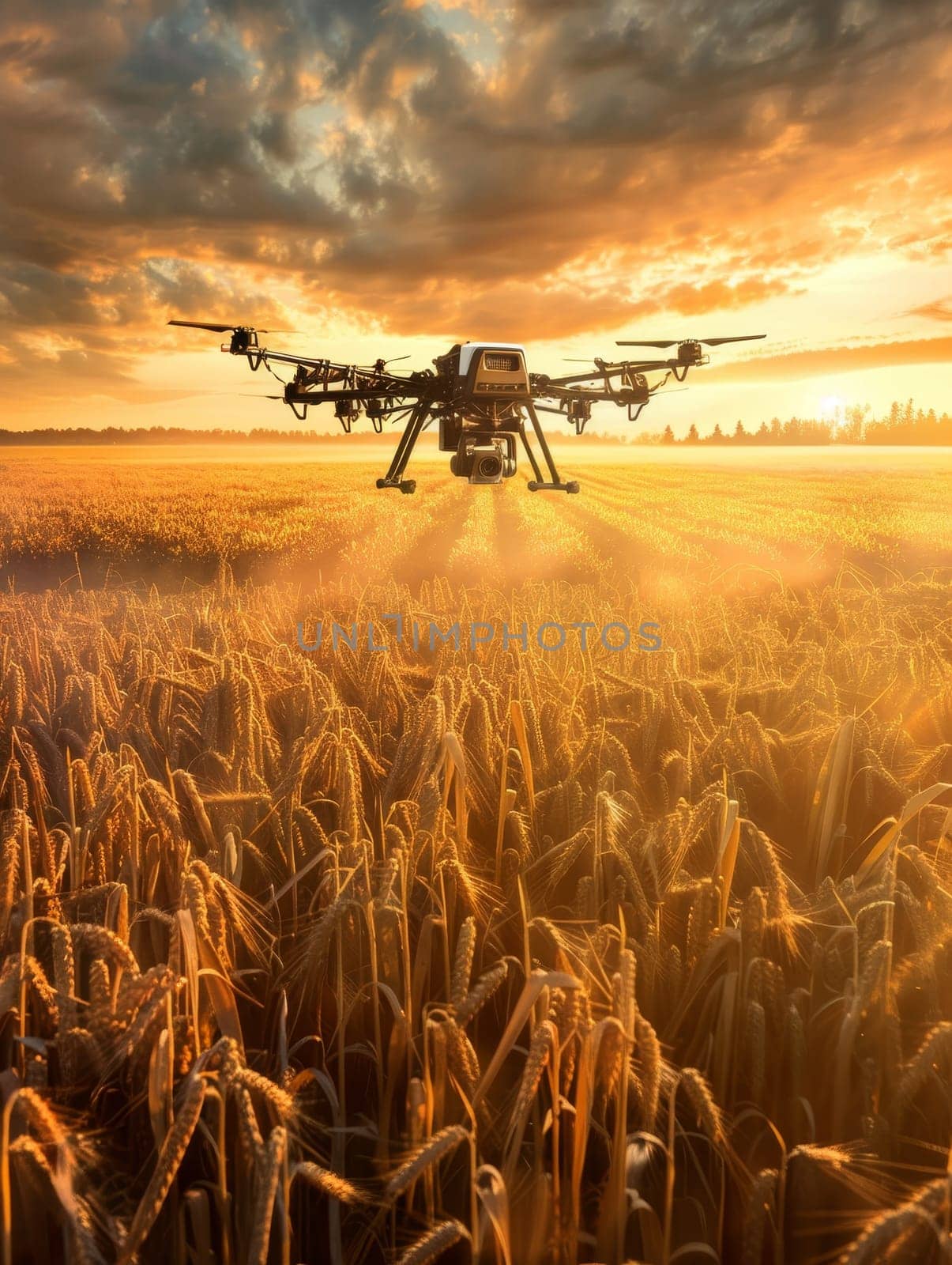A agricultural drone flies over a lush green crop field at sunset, capturing data and visuals through an interconnected network of sensors and technology