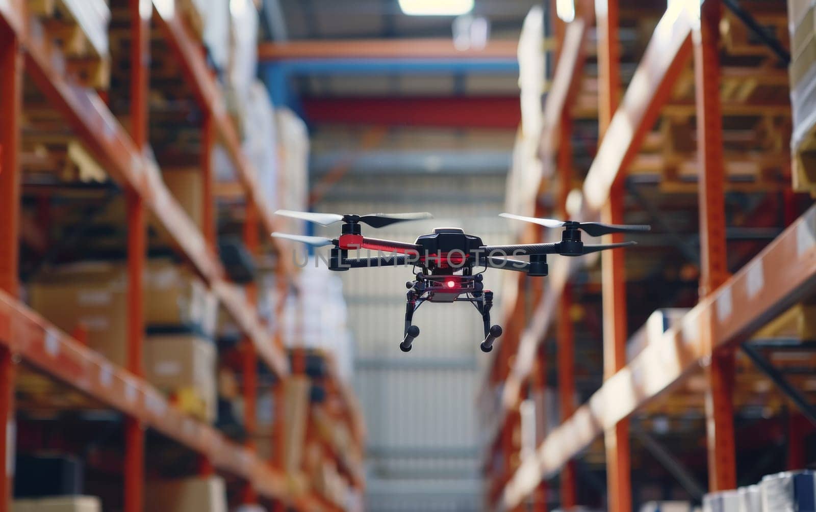 A sophisticated drone equipped with a camera navigates through a warehouse aisle, highlighting automation in inventory management and surveillance