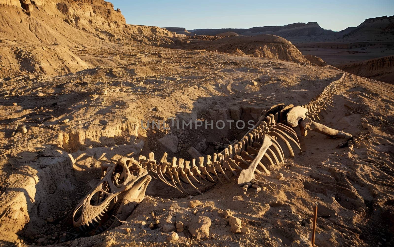 As dusk settles over the desert, the remnants of a prehistoric creature lie exposed after a meticulous archaeological excavation