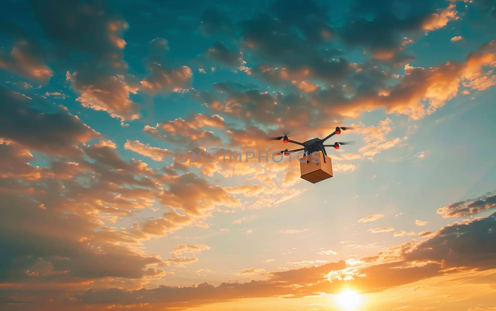 An image capturing the concept of drone package delivery with a clear sky in the background, symbolizing the advancement in automated shipping and aerial transport technologies