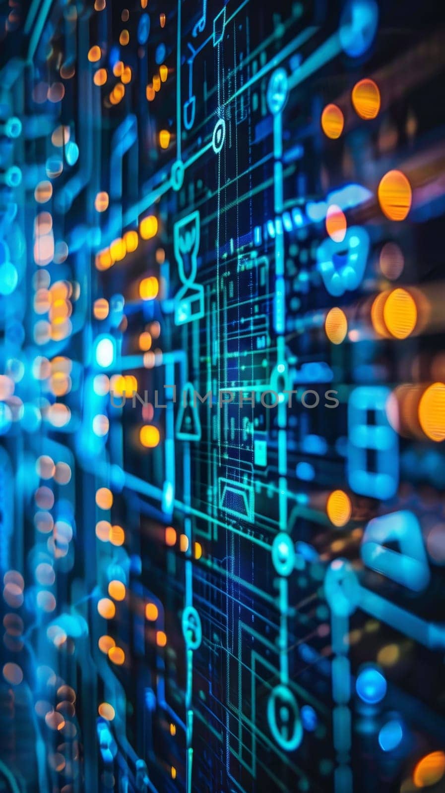 Close-up view of a sophisticated digital security interface, with glowing blue symbols indicating a secure network