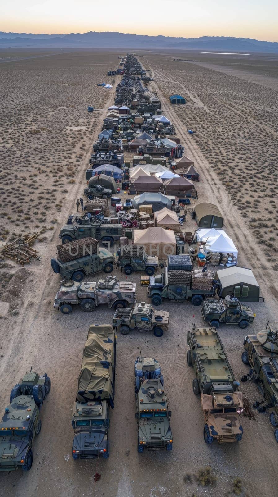 Aerial view of a military convoy arrayed on a remote dirt road at dusk, showcasing a systematic arrangement of tents and vehicles