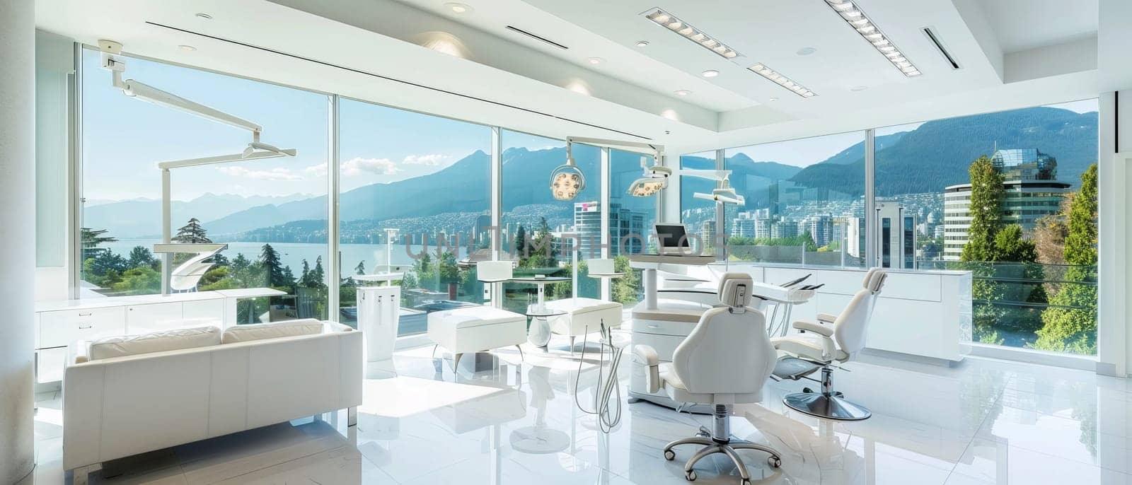 A spacious dental clinic with high-tech chairs and facilities, flanked by a mesmerizing urban panorama through expansive glass windows