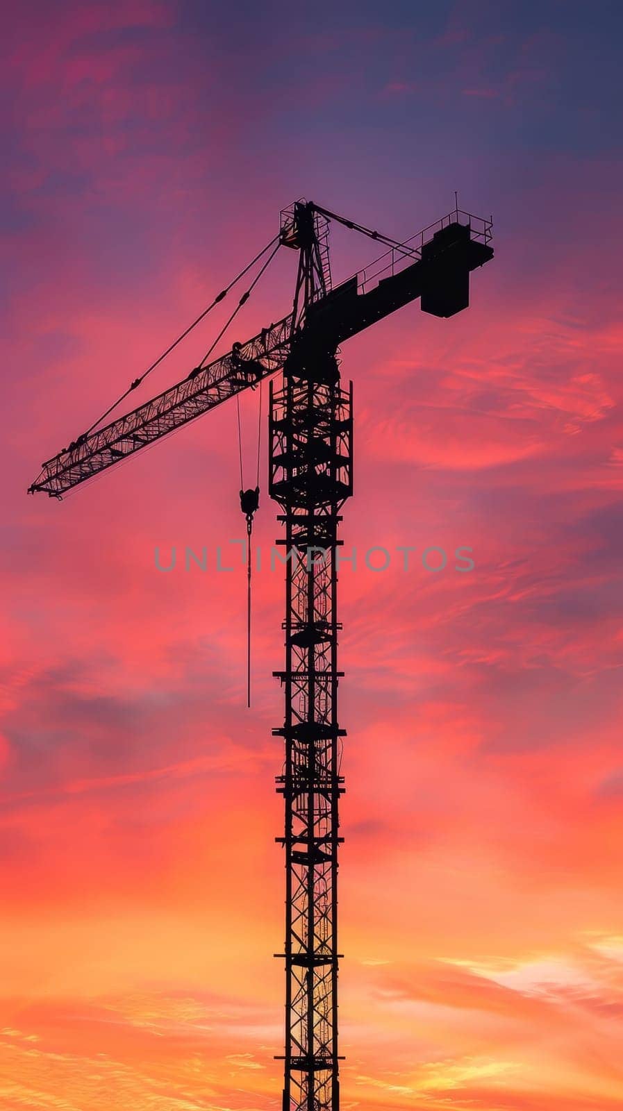 Silhouette of a tall construction crane against a vivid sunset sky, symbolizing development and the construction industry